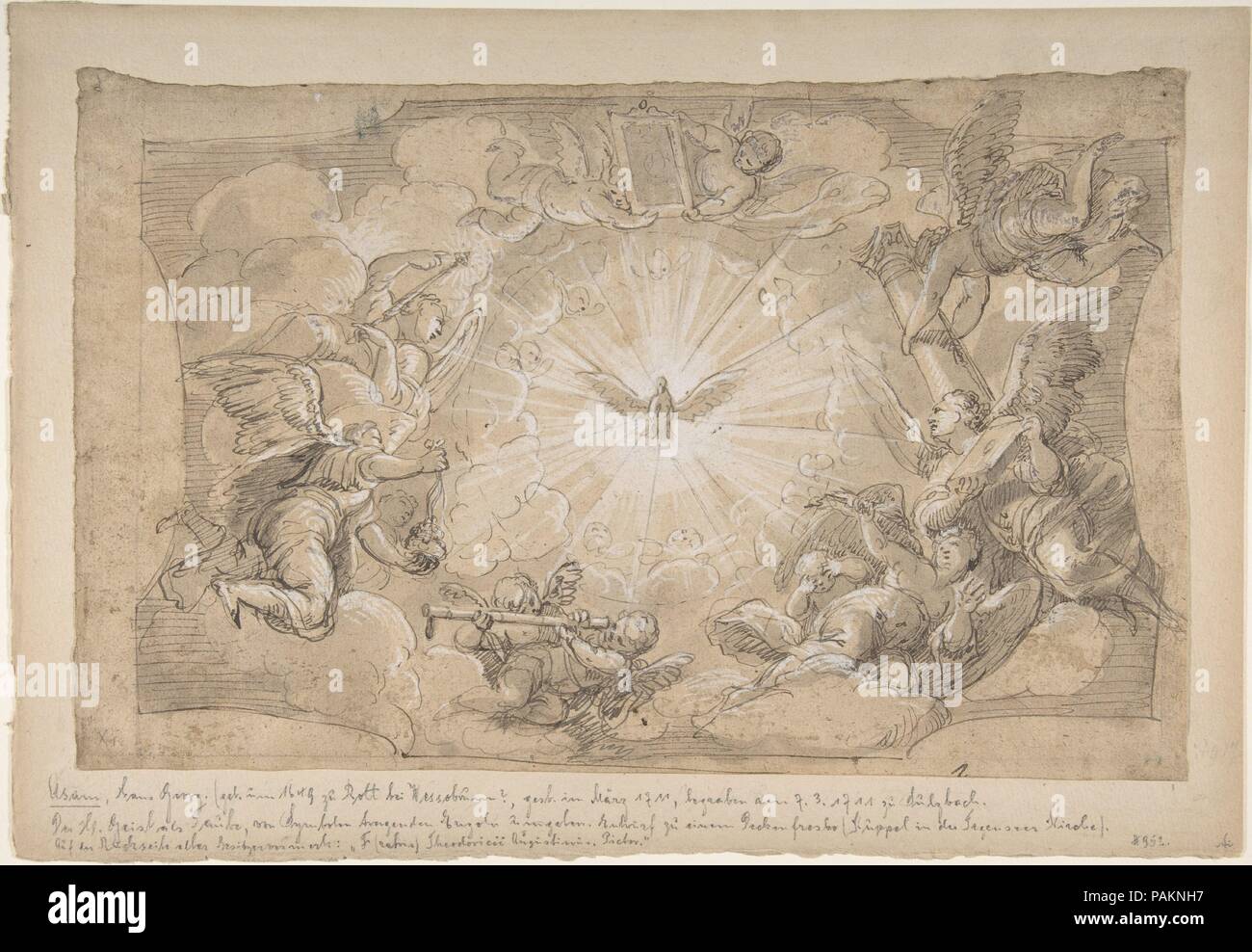 Lo Spirito Santo circondato da angeli. Artista: Hans Georg Asam (tedesco, Rott am Inn 1649-1711 Sulzbach). Dimensioni: foglio: 7 11/16 x 11 7/8 in. (19,5 x 30,2 cm). Data: tardo 17th-inizio del XVIII secolo. Museo: Metropolitan Museum of Art di New York, Stati Uniti d'America. Foto Stock