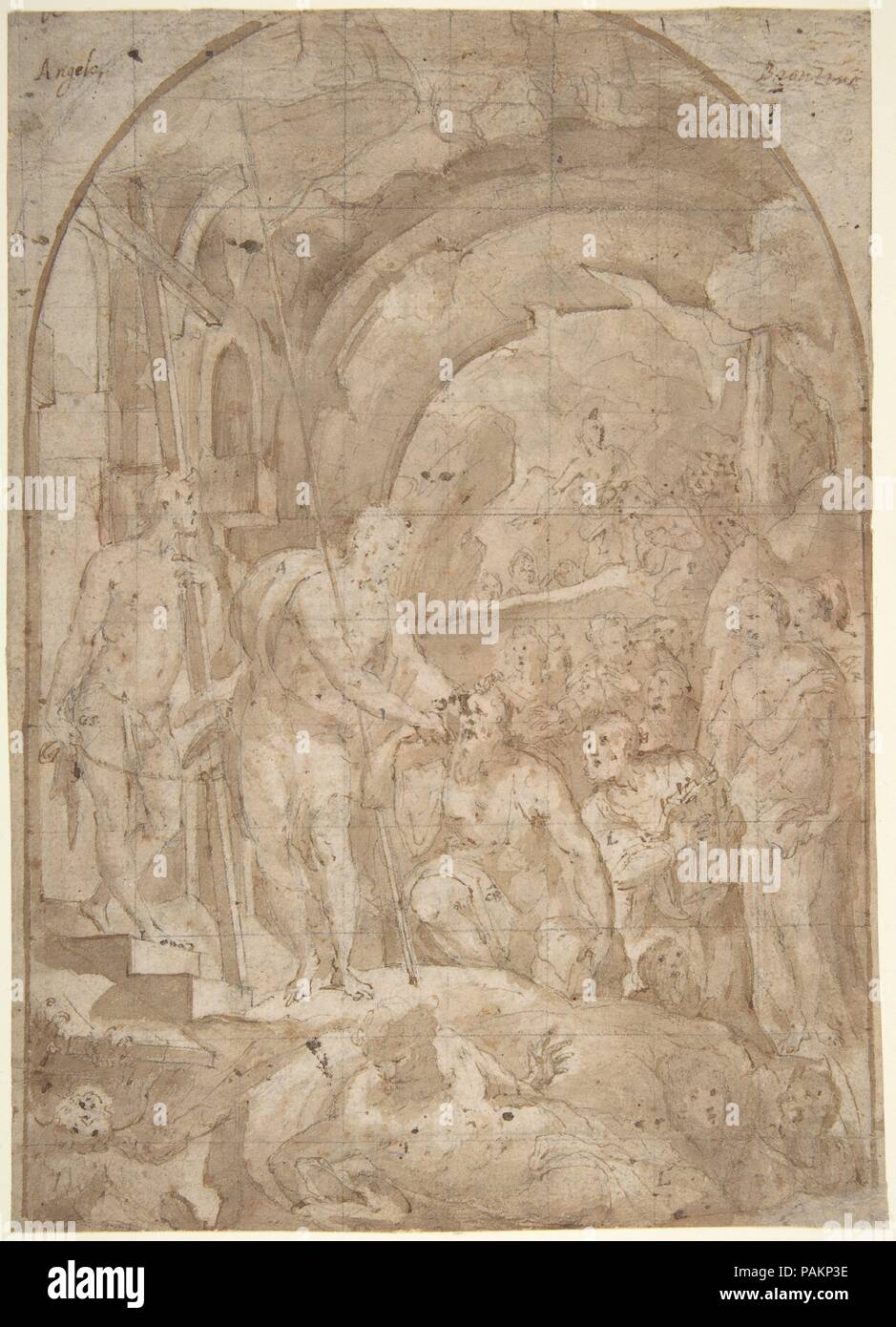 La discesa di Cristo al Limbo (recto); stemmi dei fiorentini e senesi famiglie (verso). Artista: attribuita a Domenico Beccafumi (italiano, Cortine in Valdibiana Montaperti 1484-1551 Siena). Dimensioni: 9 × 6 3/8 in. (22,9 × 16,2 cm). Data: ca. 1536. Museo: Metropolitan Museum of Art di New York, Stati Uniti d'America. Foto Stock