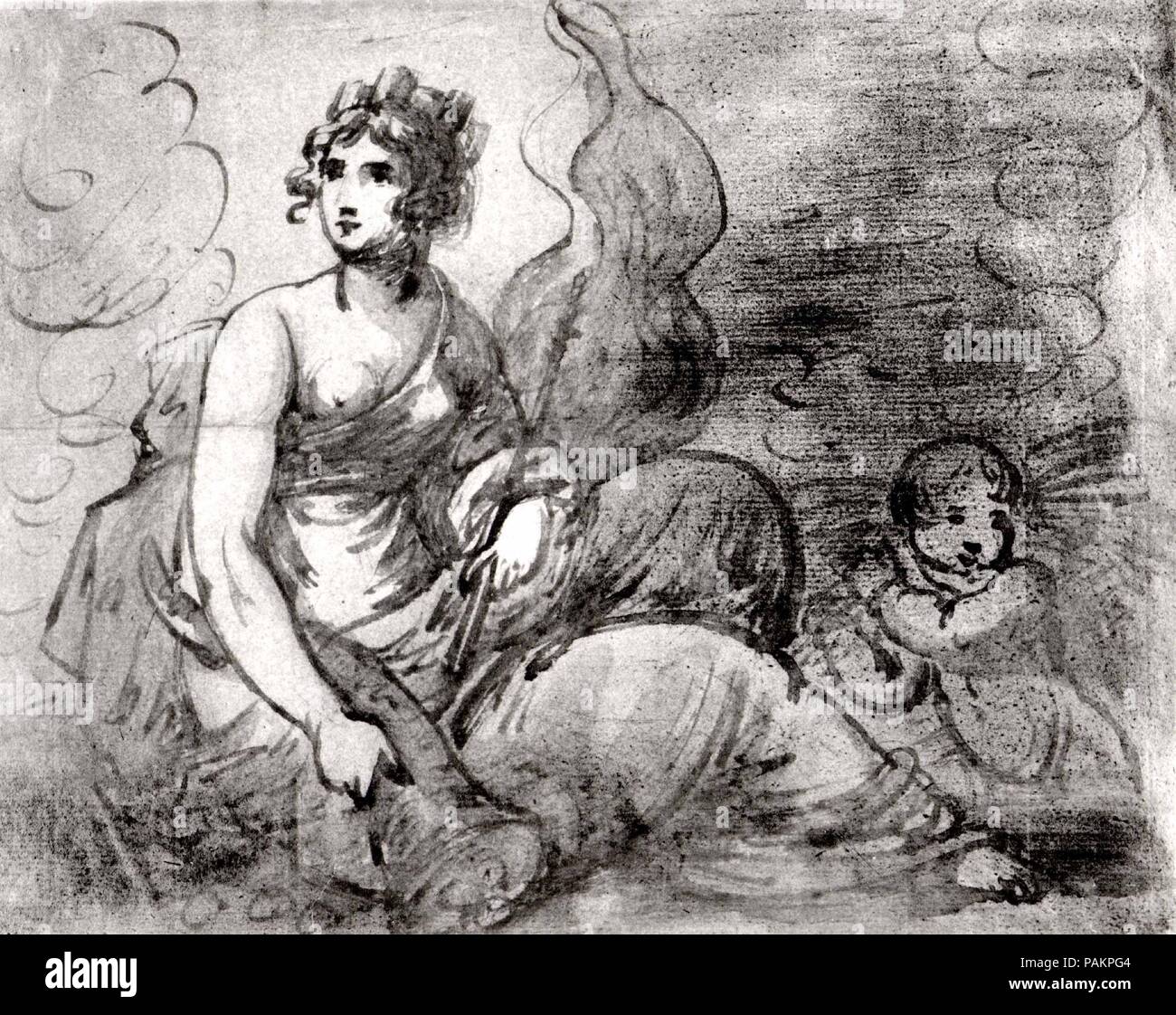 Studio di un'allegorica figura femminile con un assistente Putto. Artista: Inghilterra (XVIII secolo). Dimensioni: 6 15/16 x 8 7/8 in. (17,7 x 22,6 cm). Ex attribuzione: George Romney (British, Beckside, Lancashire 1734-1802, Kendal Cumbria). Data: seconda metà del XVIII secolo. Museo: Metropolitan Museum of Art di New York, Stati Uniti d'America. Foto Stock