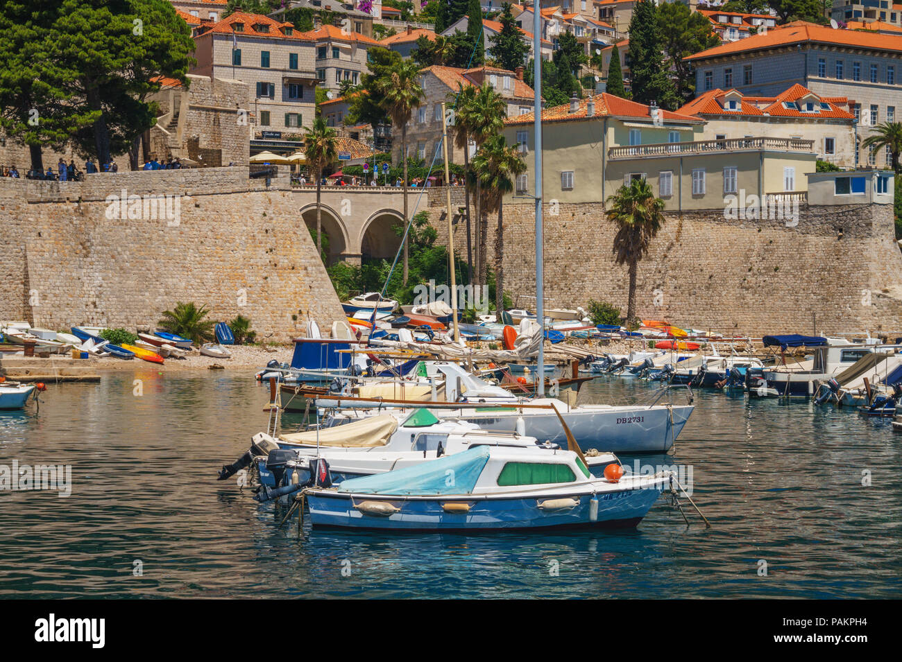 Vista panoramica con i turisti in una crociera in barca presso il porto antico di Dubrovnik, Croazia. Centrata la famosa fortezza di Dubrovnik. Croazia, mare Adriatico. Foto Stock