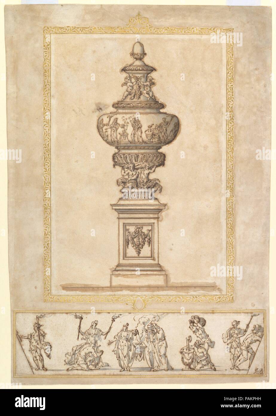 Studio di un'urna; studio per la decorazione di fregio intorno all'urna. Artista: Edward Pierce (Pearce) II (British, Londra ca. 1635-ca. 1695 Londra). Dimensioni: foglio: 14 x 9 7/16 in. (35,5 x 24 cm) foglio: 3 5/16 x 13 3/8 in. (8,4 x 33,9 cm) montaggio complessivo: 20 3/8 x 14 1/8 in. (51,8 x 35,8 cm). Data: ca. 1690. Figlio di un pittore decoratore, Edward Pierce il giovane perseguito una carriera come scultore e architetto, modellazione busti di Oliver Cromwell (1672) e di Sir Christopher Wren (1673), poi lavorando sulle chiese della città progettata da quest'ultimo dopo il Grande Incendio di Londra. Pierce stesso progettato th Foto Stock