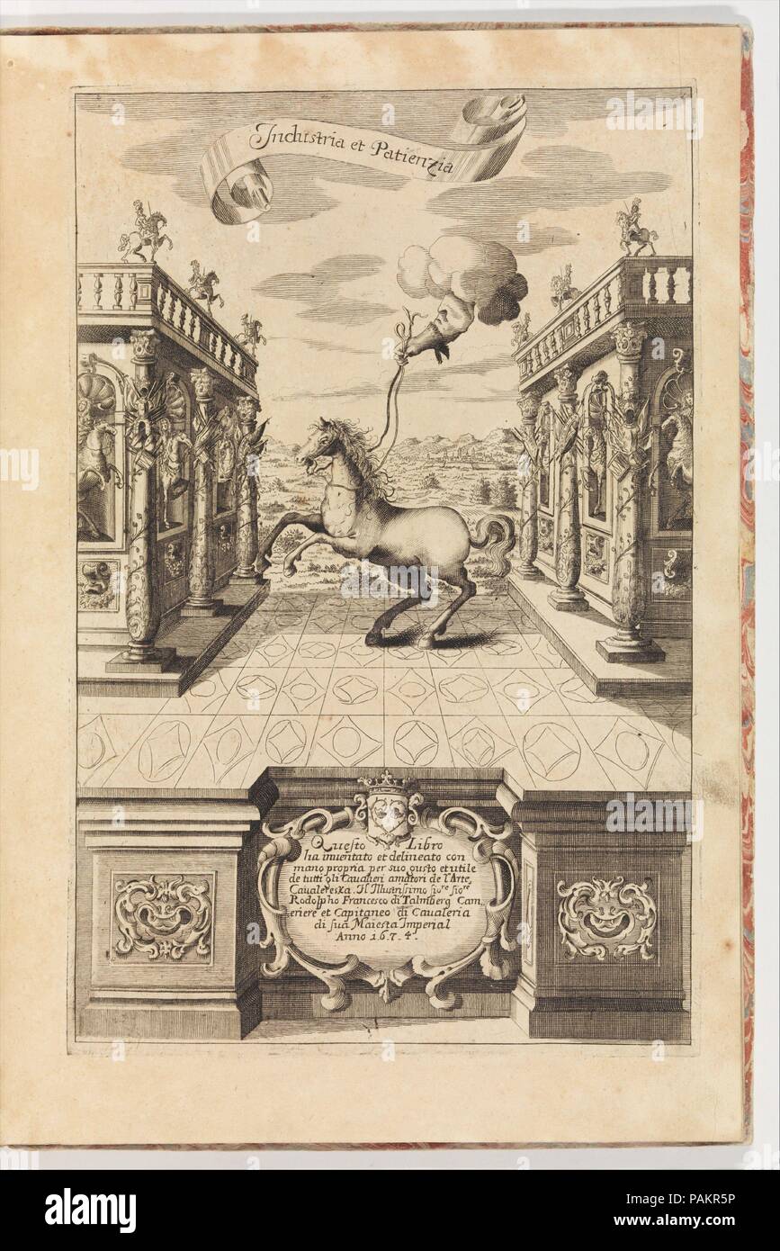 Album di disegni e modelli di bit. Cultura: Bohemian. Progettista: Rudolf Franz Ferdinand von Talmberg (boemo, ca. 1645-1702). Dimensioni: copre: 14 1/2 x 9 3/4 in. (36,8 x 24,8 cm); fogli: 14 1/4 x 9 1/2 in. (36,2 x 24,1 cm); le piastre: circa 12 1/4 x 4 in. (31,5 x 10 cm). Data: 1674. Libri dedicati a vari tipi di cavallo bit formata una categoria importante della letteratura equestre, una fiorente genere dal sedicesimo attraverso il diciottesimo secolo. Il Talmberg album è insolito avere nessun testo (diversi da quelli per la dedizione e per la presentazione dei bit per la loro bellezza da soli, piuttosto che la loro funzione. Foto Stock
