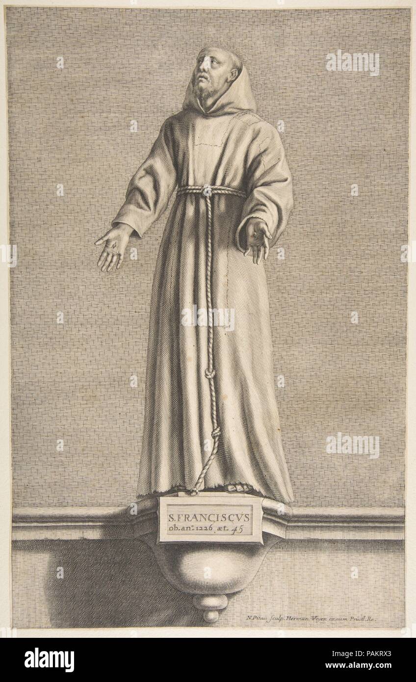 San Francesco. Artista: Dopo Laurent de La Hyre (francese, Parigi Parigi 1606-1656); Nicolas Pitau (francese, Parigi prima di 1670-1724). Dimensioni: foglio: 16 15/16 x 11 in. (43,1 x 27,9 cm). Editore: pubblicato da Herman Weyen (fiammingo, morì a Parigi, 1672). Data: n.d.. Museo: Metropolitan Museum of Art di New York, Stati Uniti d'America. Foto Stock