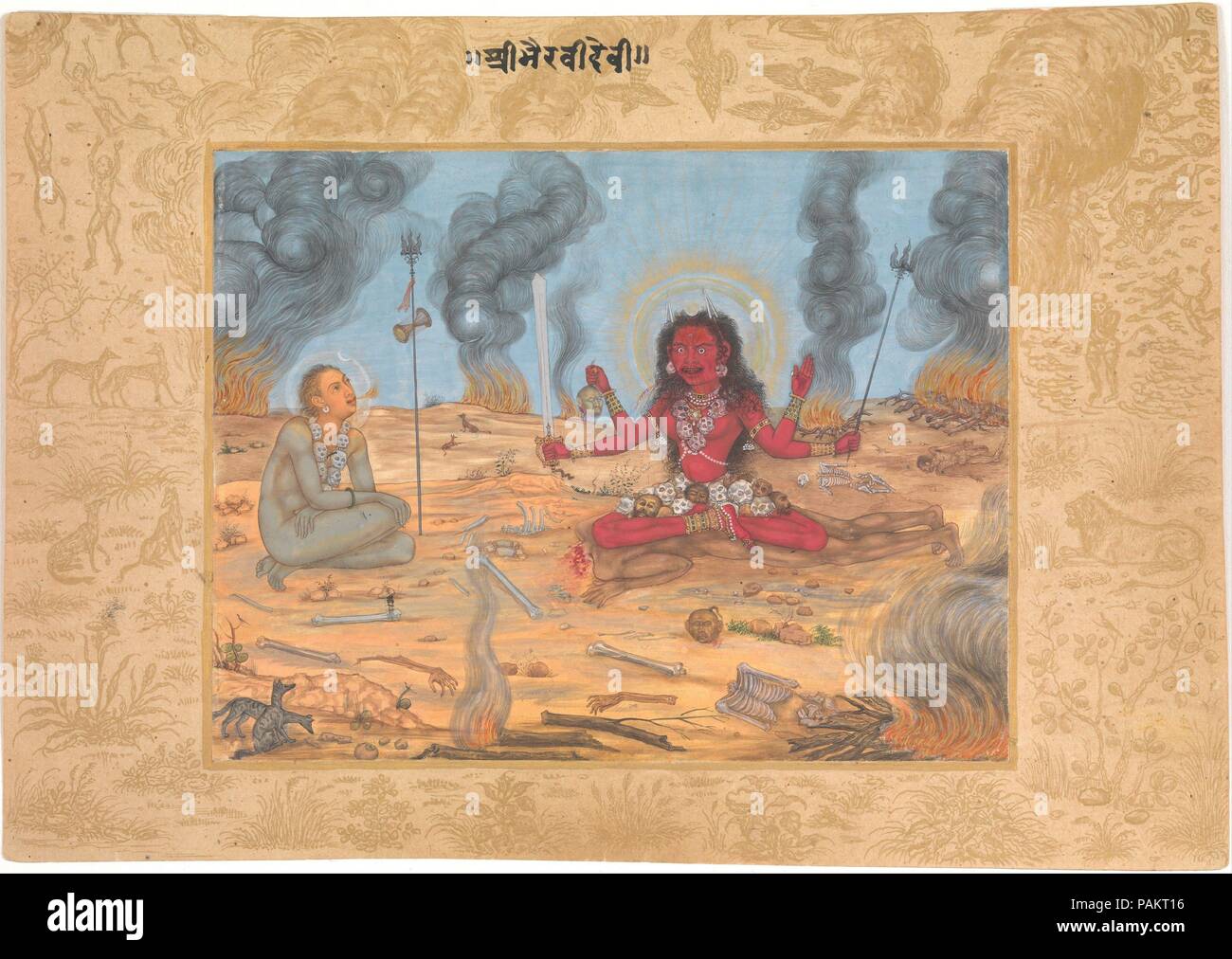 La Dea Bhairavi Devi con Shiva. Artista: attribuito a Payag (indiano, active ca. 1591-1658). Dimensioni: H. 7 1/4 in. (18,5 cm) W. 10 3/8 in. (26,5 cm). Data: ca. 1630-35. In questo dipinto attribuito all'artista Mughal Payag, una forma demoniaca della dea Indù Bhairavi, controparte femminile a Shiva, siede sul corpo di un cadavere in decomposizione. Indossare gioielli e un mantello realizzato di teschi e le corna in forma di teste di lance, ella è accompagnata da Shiva che appare nella forma di un devoto. Tre delle sue mani portano simboli della distruzione, mentre la sua quarta si estende un gesto di benedizione. Il Foto Stock