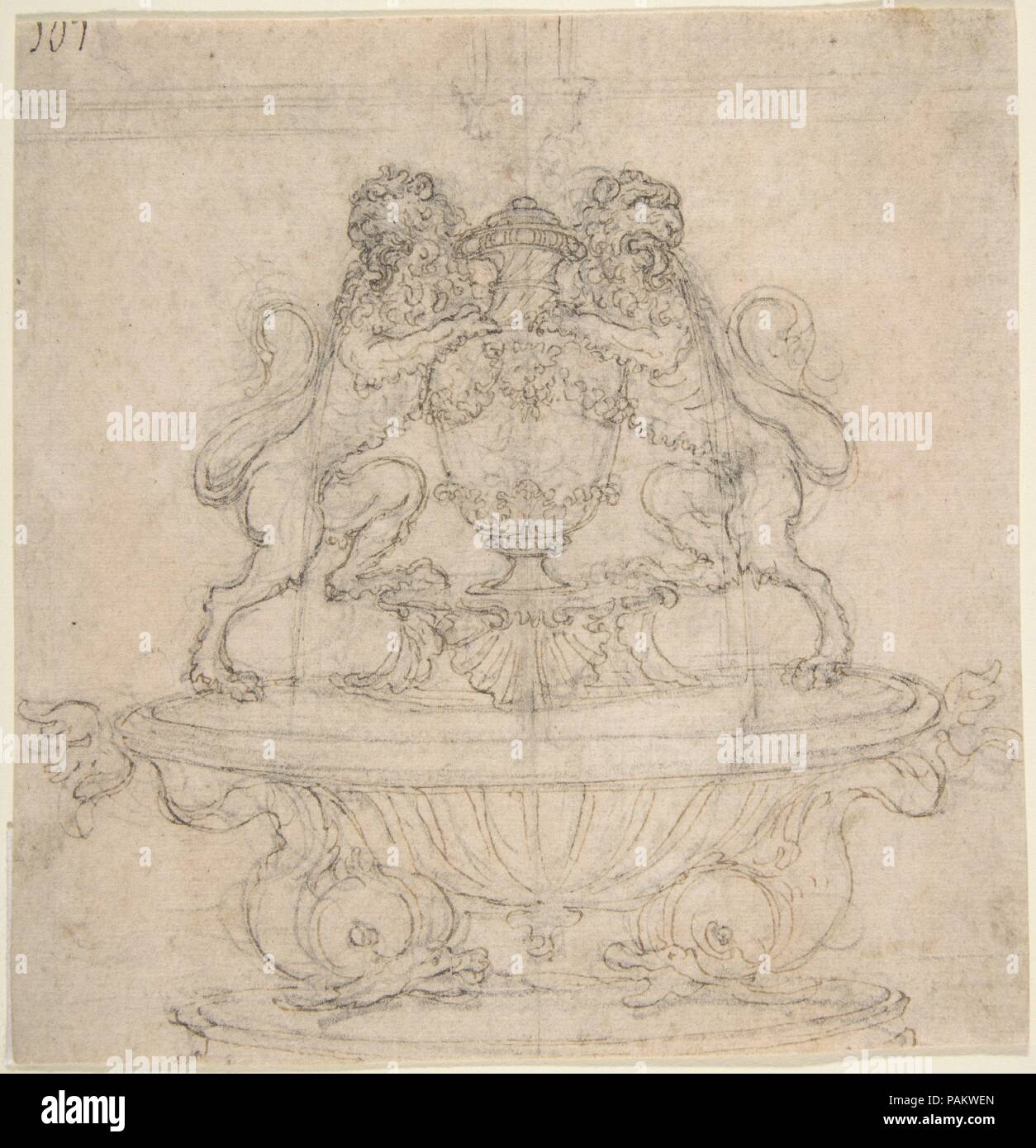 Design per una fontana con due leoni Water-Spouting (recto); schizzo per il Trionfo di Galatea [?] (verso). Artista: attribuita a Giovanni Battista Foggini (Italiano, 1652-1725 Firenze Firenze). Dimensioni: foglio: 5 15/16 x 5 3/4 in. (15,1 x 14,6 cm). Data: 1652-1725. Museo: Metropolitan Museum of Art di New York, Stati Uniti d'America. Foto Stock