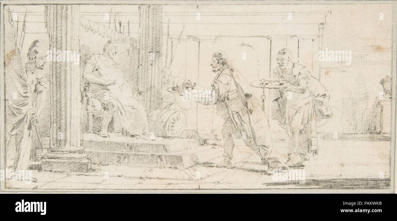 Illustrazione per un libro: soldati offrendo la testa decapitata di un uomo e di chiavi di un generale. Artista: Giovanni Battista Tiepolo (italiano, Venezia 1696-1770 Madrid). Dimensioni: 2-15/16 x 6-1/8 in. (7,5 x 15,5 cm). Serie/Portfolio: vedere il Metropolitan Museum of Art acc. n. 59.600.176 - 59.600.212. Data: 1696-1770. Museo: Metropolitan Museum of Art di New York, Stati Uniti d'America. Foto Stock