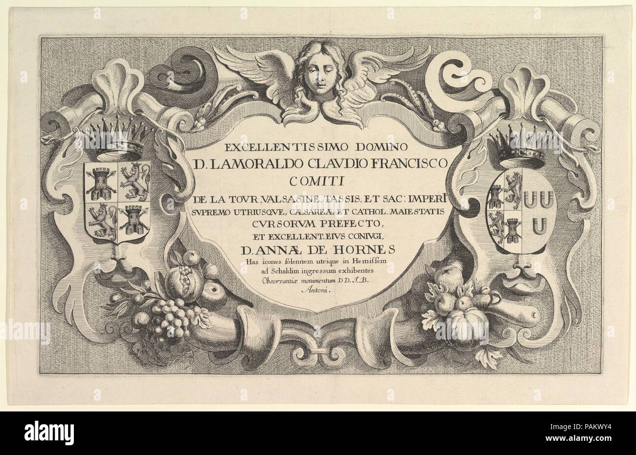 Titolo dell'entrata in Hemissem. Artista: Wenceslaus Hollar (boemo, Praga 1607-1677 Londra). Dimensioni: Piastra: 10 1/16 × 16 9/16 in. (25,5 × 42,1 cm) foglio: 11 1/2 × 18 1/8 in. (29,2 × 46 cm). Serie/Portfolio: Titolo pagina-oltre ad una serie di quattro stampe per commemorare la visita fatta da Imperial Postmaster-General, il conte de la Tour et Tassis, e sua moglie di Alexander Roelants, la Imperial Postmaster per i Paesi Bassi (pag.562-566).. Data: 1625-77. Titolo pagina a una serie di quattro stampe per commemorare la visita fatta da Imperial Postmaster-General, il conte de la Tour et Tassis, un Foto Stock