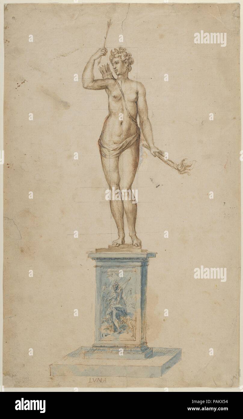 La Dea Diana. Artista: Jacques Jonghelinck (Netherlandish, Anversa 1530-1606 Anversa). Dimensioni: foglio: 13 9/16 x 8 3/8 in. (34,5 × 21,2 cm). Data: ca. 1570-80. Museo: Metropolitan Museum of Art di New York, Stati Uniti d'America. Foto Stock