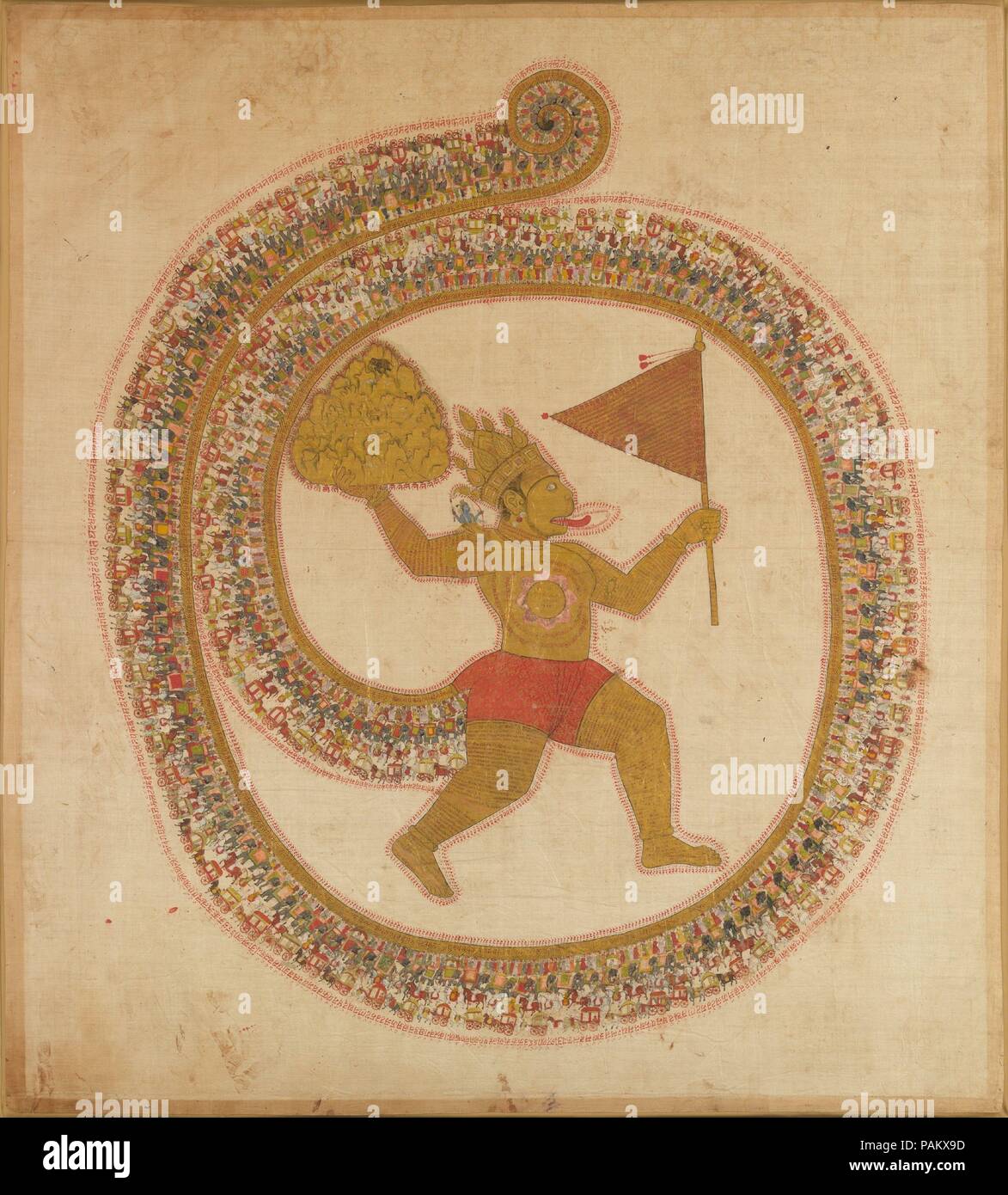 Hanuman recanti la cima con erbe officinali. Cultura: (India Rajasthan). Dimensioni: complessivo: 51 1/4 x 45 3/4 in. (130,2 x 116,2 cm). Data: ca. 1800. Questa immagine devozionale di Hanuman celebra il suo più celebre impresa eroica--portante il monte Himalayano Vindaya a Rama e Laskmana, chi, gravemente ferito in combattimento, erano in disperato bisogno di erbe medicinali che crescono sulle sue pendici superiore (confronta Hanuman ravviva Rama e Lakshmana con erbe medicinali). Non sono sicuro di quale piante per raccogliere, Hanuman si rompe tutto il picco e la trasporta attraverso il cielo torna a Rama. Sulla sua spalla è un d Foto Stock