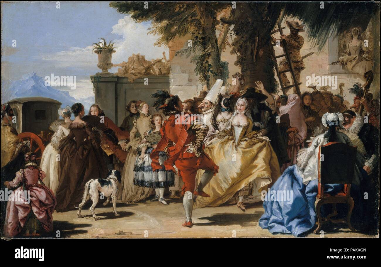 Una danza nel paese. Artista: Giovanni Domenico Tiepolo (Italiano, 1727-1804 Venezia Venezia). Dimensioni: 29 3/4 x 47 1/4 in. (75,6 x 120 cm). Data: ca. 1755. Sebbene Giandomenico Tiepolo assistito suo padre in numerose imprese decorative, il proprio talento laici nella rappresentazione della vita contemporanea. La foto è uno di Giandomenico più suggestivo ed attraente opere. Essa mostra un'attrice di ballare con un giovane uomo che indossa il costume tradizionale della commedia dell'arte Mezzetino carattere. Museo: Metropolitan Museum of Art di New York, Stati Uniti d'America. Foto Stock