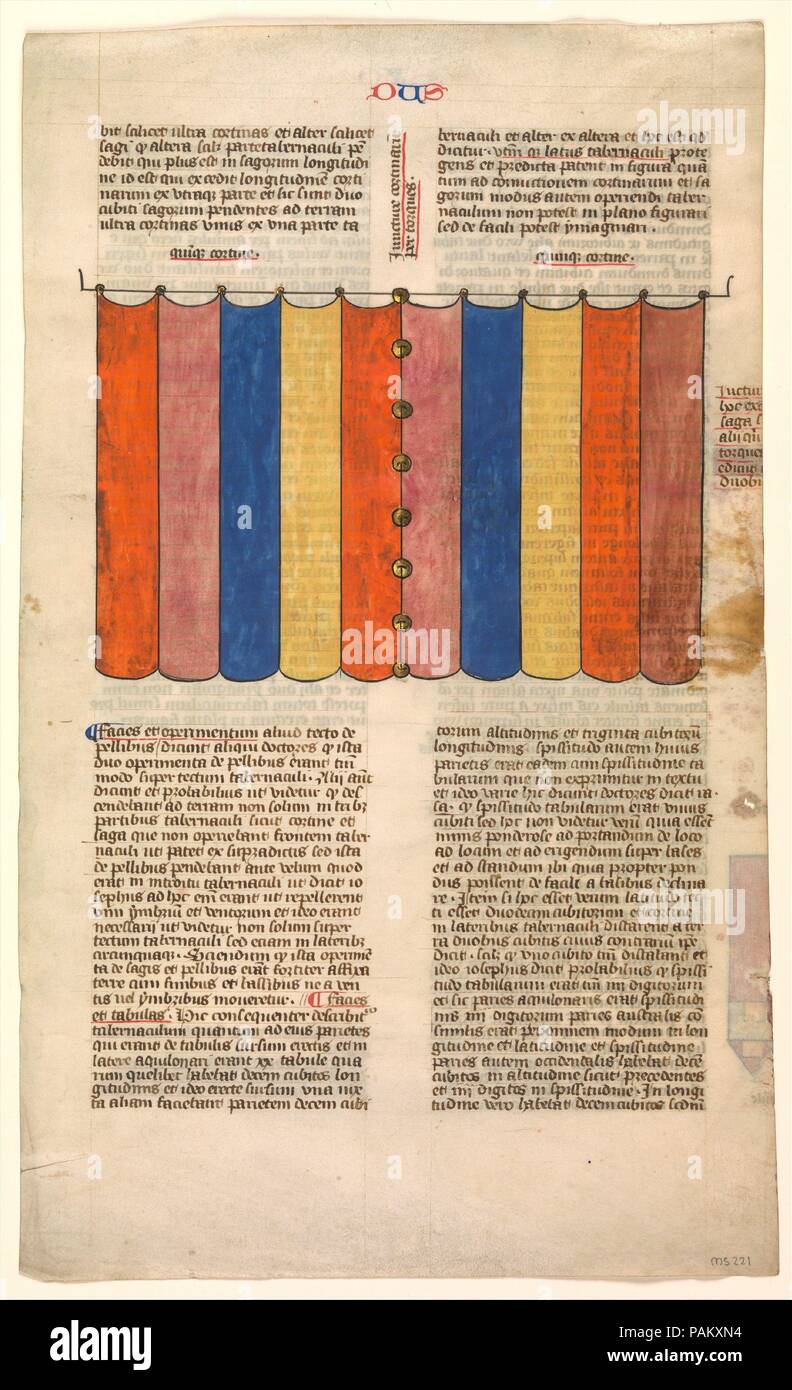 Sipario del tabernacolo, uno dei sei foglie illustrato dalla Postilla Litteralis (letterale Commento) di Nicola di Lyra. Cultura: francese. Dimensioni: 16 1/2 x 9 3/4 in. (41,9 x 24,8 cm) tappeto: 22 × 16. (55,9 × 40,6 cm). Data: ca. 1360-1380. Uno dei più influenti testi universitari del Medioevo, la postilla litteralis fornito un commento esteso su tutta la Bibbia cristiana. Il suo autore, Nicola di Lyra, che ha insegnato all'Università di Parigi, era particolarmente interessato all'architettura e inclusi numerosi schemi di strutture biblica per chiarire le sue spiegazioni. Foto Stock