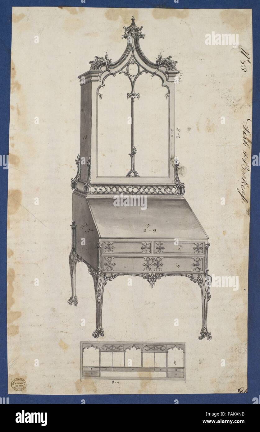 Scrivania e libreria, da Chippendale disegni, Vol. II. Artista: Thomas Chippendale (British, battezzato Otley, West Yorkshire Londra 1718-1779). Dimensioni: foglio: 12 11/16 x 7 7/8 in. (32,2 x 20,1 cm). Pubblicato in: Londra. Data: 1753. Disegno preparatorio per Thomas Chippendale 'Gentleman e il cabinet Maker direttore dell'. Pubblicato in retromarcia come piastra LXXXIII nel 1754 e 1755 le edizioni, non ristampato nel 1762 edition. Museo: Metropolitan Museum of Art di New York, Stati Uniti d'America. Foto Stock