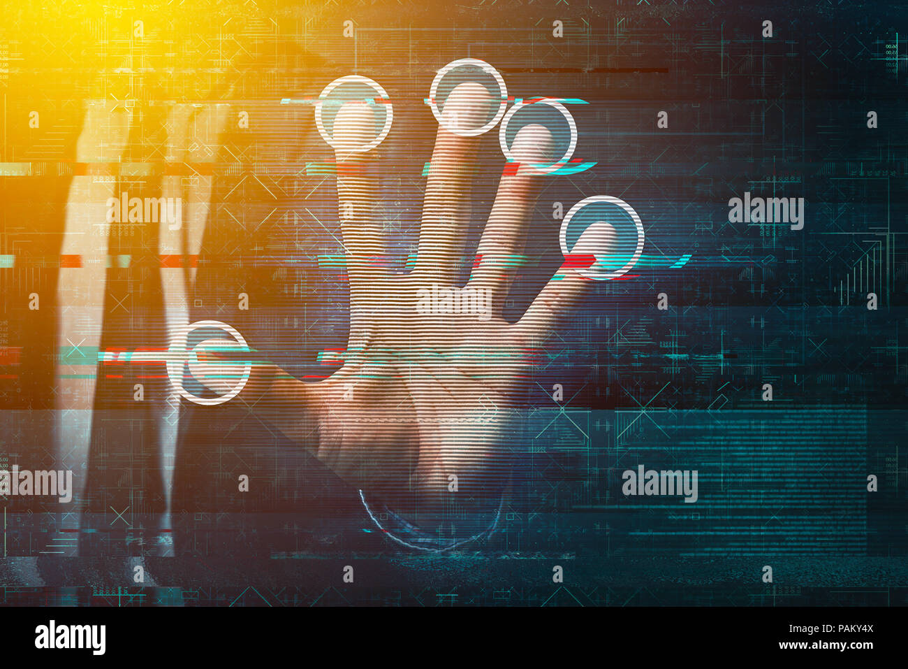 Scanner di impronte digitali biometrico, immagine concettuale per la moderna tecnologia futuristica in servizio di sicurezza e di protezione dei dati aziendali. Foto Stock