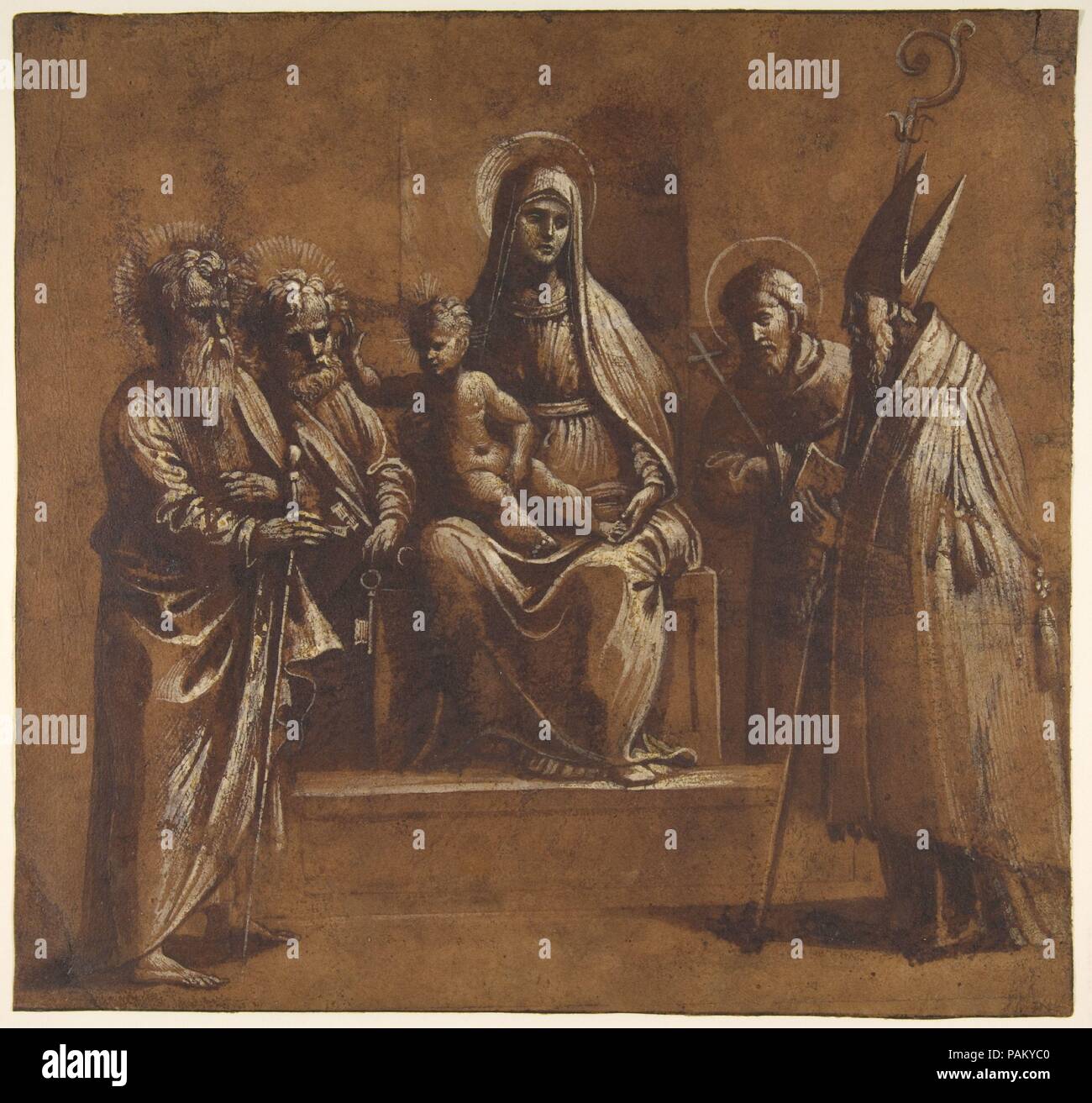 La Vergine con il Bambino e i santi. Artista: Girolamo da Treviso (italiano, Treviso ca. 1498-1544 Boulogne-sur-Mer). Dimensioni: foglio: 10 3/16 × 10 13/16 in. (25,8 × 27,4 cm). Data: 1498-1544. Nato nel nord della città italiana di Treviso, Girolamo ha lavorato come pittore e scultore in Bologna, è servito come un ingegnere militare per la corte inglese di Enrico VIII e morì nel 1544 in Boulogne-sur-Mer, Francia -- sarebbe stato ucciso dal fuoco di cannone durante un attacco inglese sulla città. Il lavoro dell'artista a Bologna durante il 1520s, di cui questo disegno è un esempio, rivela un audace e altamente espressiva adap Foto Stock