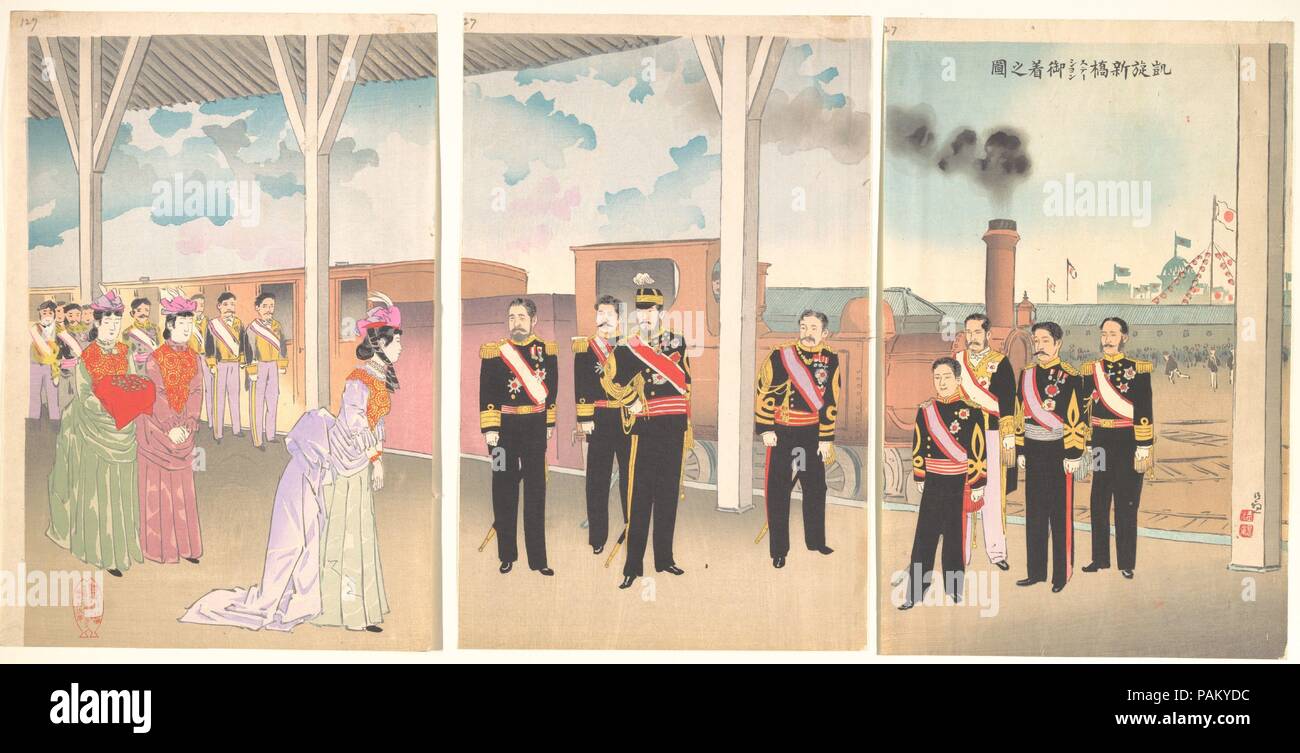 Illustrazione dell'arrivo dell'imperatore alla stazione di Shinbashi a seguito di una vittoria (Gaisen Shinbashi steshon gochaku no zu). Artista: Kobayashi Kiyochika (giapponese, 1847-1915). Cultura: il Giappone. Dimensioni: ciascun pannello: 14 1/4 x 9 1/2 in. (36,2 x 24,1 cm). Data: 1895. Museo: Metropolitan Museum of Art di New York, Stati Uniti d'America. Foto Stock