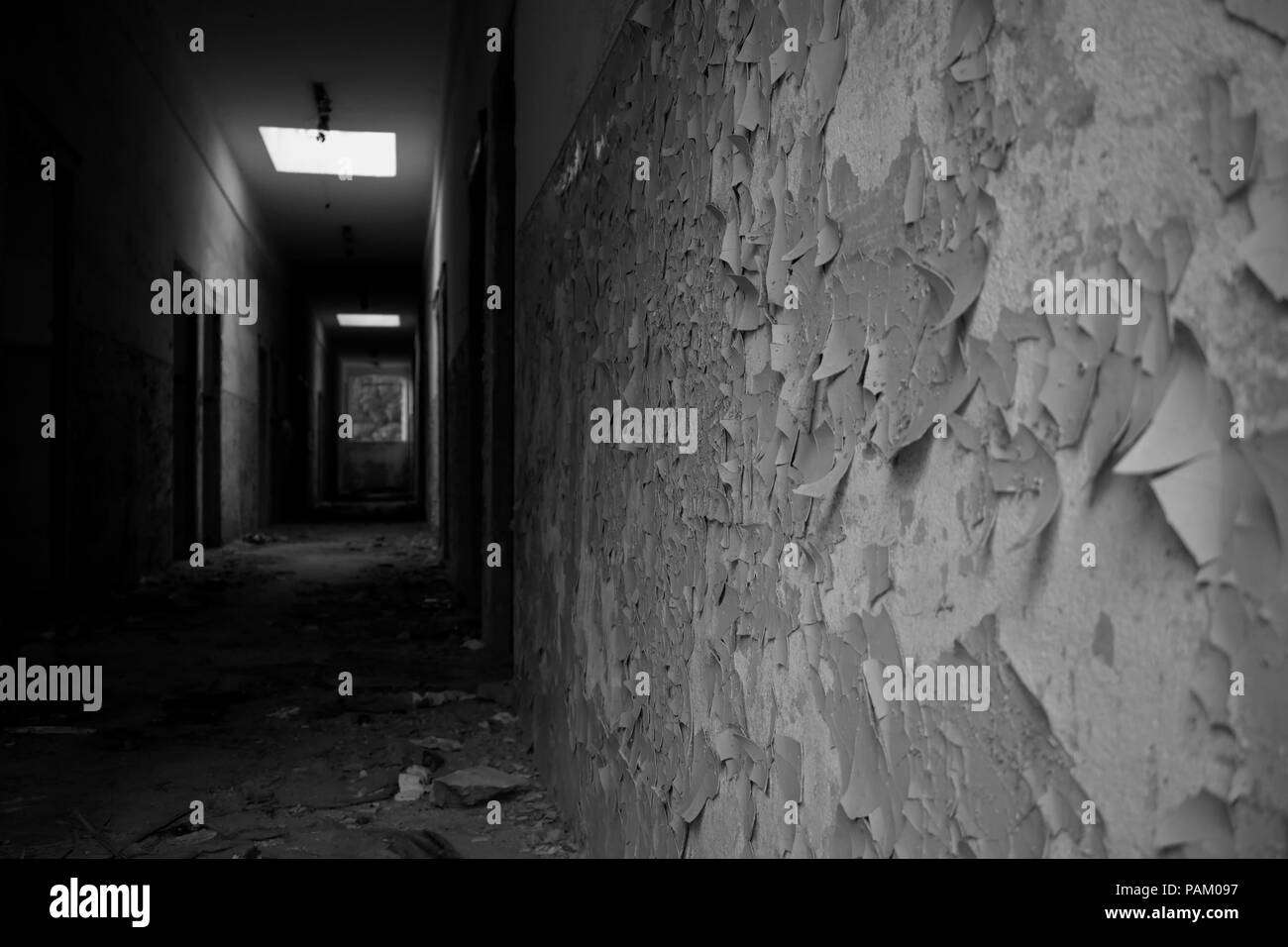 Interno di un edificio abbandonato in bianco e nero Foto Stock