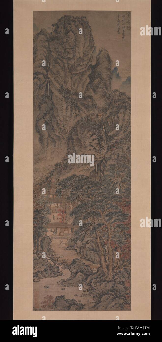 Il semplice ritiro. Artista: Wang Meng (Cinese, ca. 1308-1385). Cultura: la Cina. Dimensioni: Immagine: 53 3/4 x 17 5/8 in. (136,5 x 44,8 cm) complessivamente con montaggio: 101 1/4 x 24 3/4 in. (257.2 x 62,9 cm) in generale con le manopole: 101 1/4 x 28 11/16 in. (257.2 x 72,9 cm). Data: ca. 1370. Wang Meng rappresentato gli studiosi nelle loro ritiri, creazione di ritratti immaginari che non cattura la somiglianza fisica di una persona o di un luogo ma piuttosto un mondo interiore di associazioni condivise e ideali. Egli ha presentato il master di ritiro semplice come un gentleman Solitaire. Seduto presso il cancello anteriore di un rustico eremo, egli è Foto Stock