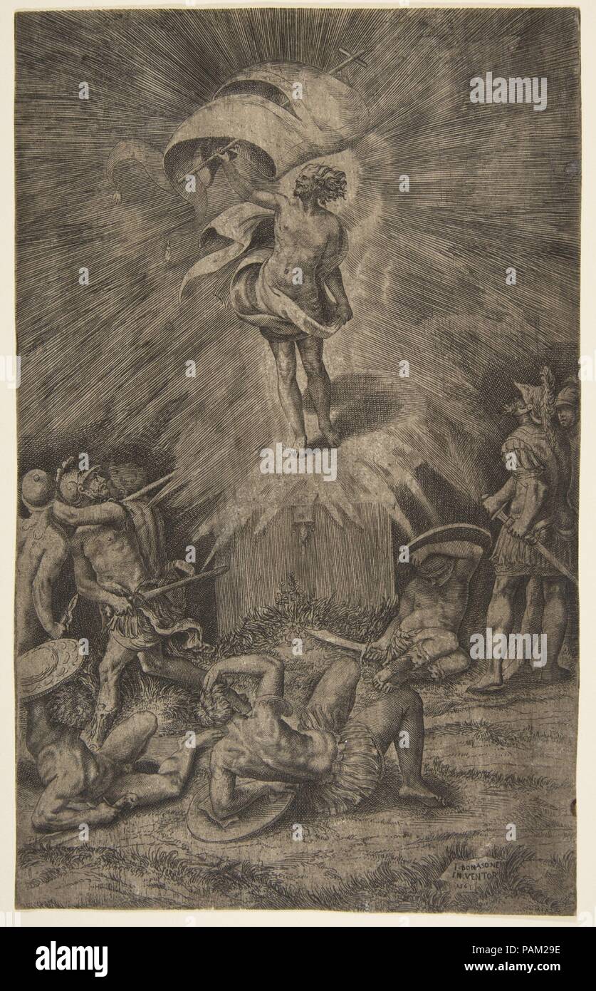 La risurrezione di Cristo, tenendo un banner nella sua mano destra, soldati che circonda la tomba, alcuni cadere. Artista: Giulio Bonasone (italiano, attivo a Roma e Bologna, 1531-dopo il 1576); dopo Titian (Tiziano Vecellio) (italiano, Pieve di Cadore ca. 1485/90?-1576 Venezia). Dimensioni: foglio: 11 1/4 in. × 7 a. (28,5 × 17,8 cm). Data: 1561. Museo: Metropolitan Museum of Art di New York, Stati Uniti d'America. Foto Stock