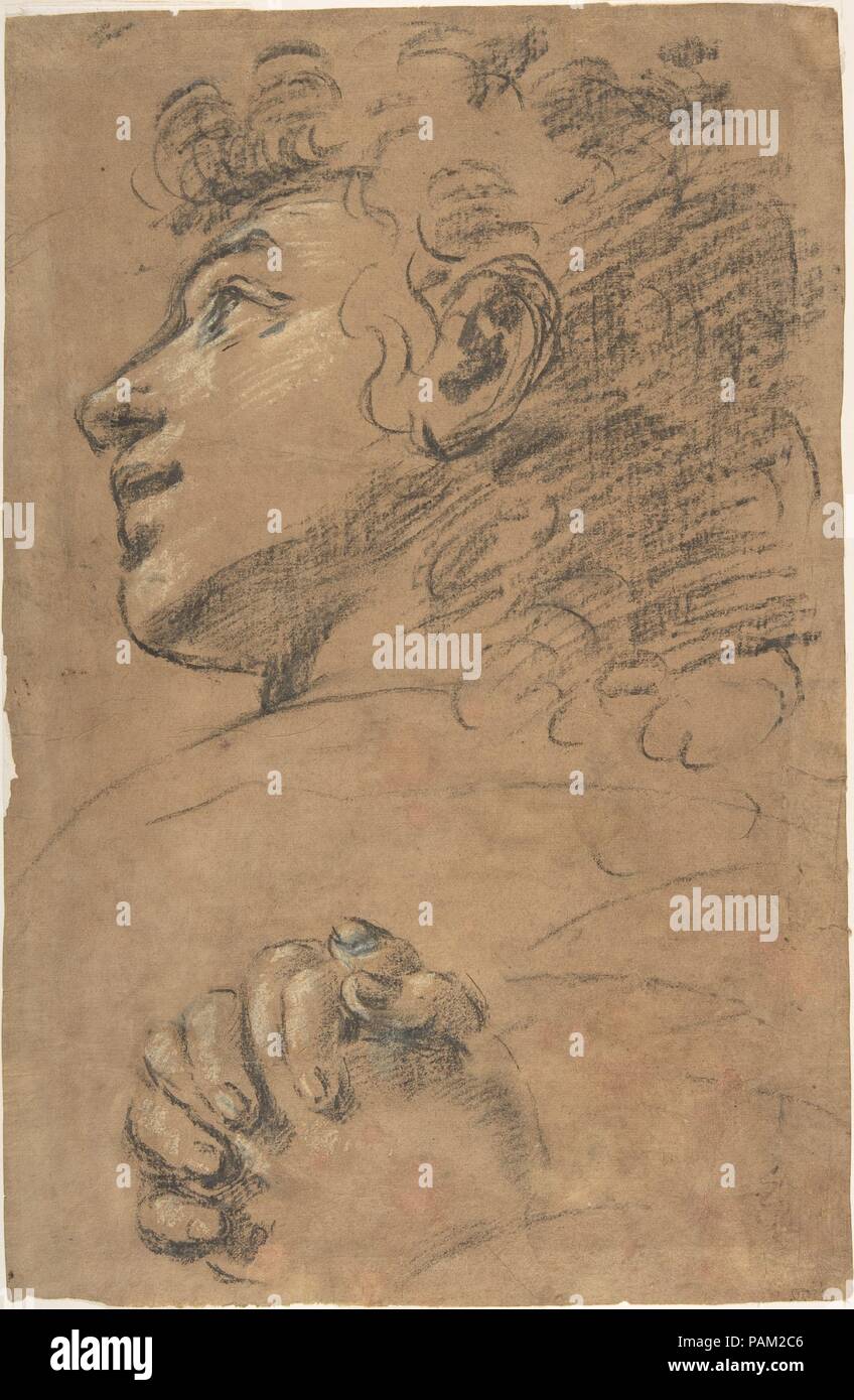 Profilo testa di una gioventù in cerca di sinistra superiore e studio delle mani giunte. Artista: attribuito a Giacomo Cavedone (italiano, Sassuolo 1577-1660 Bologna). Dimensioni: 16 7/16 x 10 3/4a. (41,8 x 27,3 cm). Data: 1577-1660. Museo: Metropolitan Museum of Art di New York, Stati Uniti d'America. Foto Stock