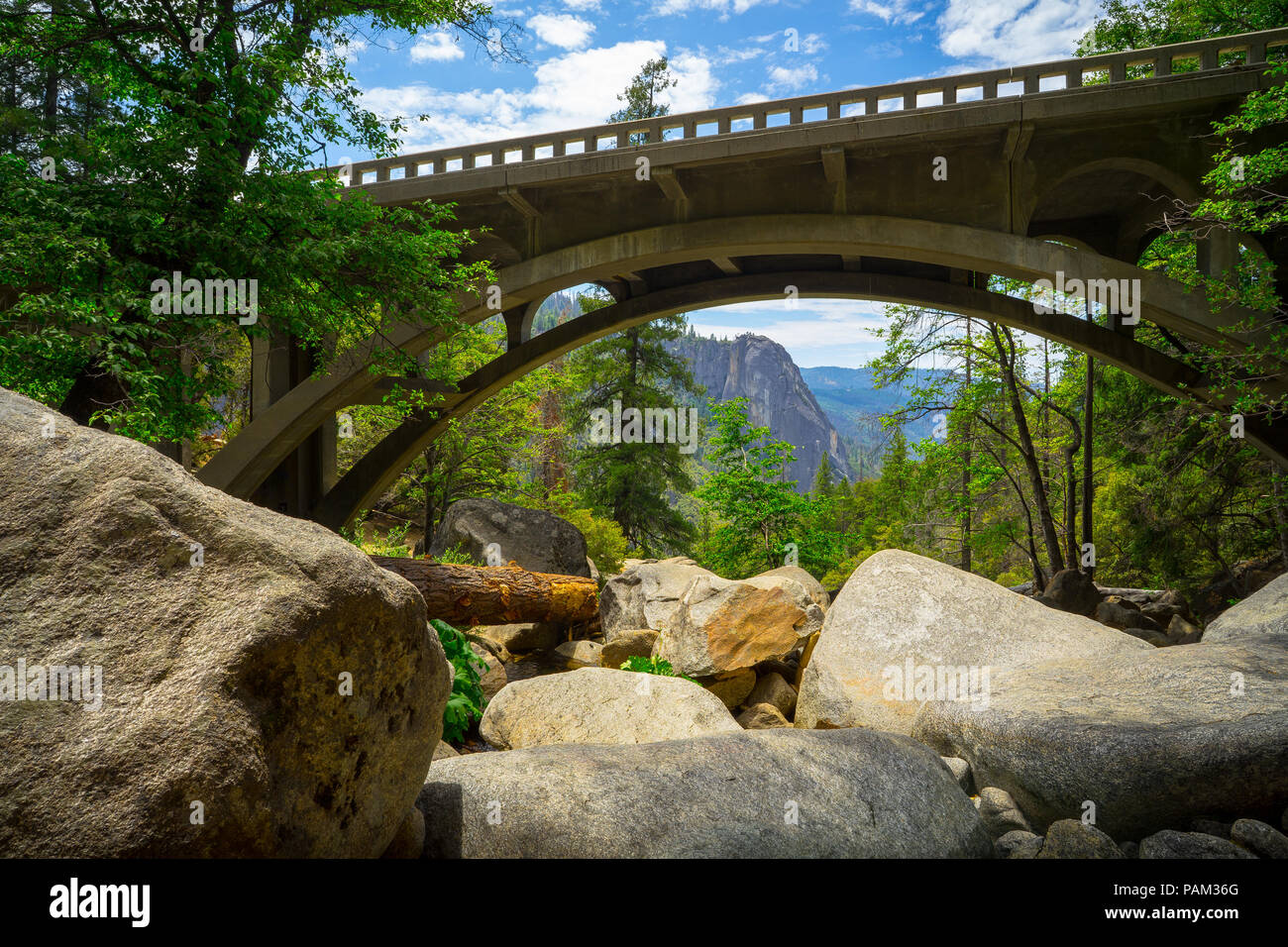 Vista valle attraverso un arco ponte sul torrente cascata, lungo la Grande Quercia strada piana - Autostrada 120 - Parco Nazionale di Yosemite Foto Stock