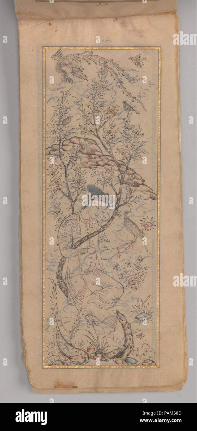 Antologia di poesia persiano (Safina). Calligrapher: 'Abd al-'Azim al-Yahya. Dimensioni: 7 1/2 x 3 1/8 in. (19,1 x 7,9 cm). Data: A.H. 1092 e 1096/ A.D 1681 e 1685. Lunga e stretta, libri legati sul lato corto sono noti come "Afina", una parola con il significato di "barca". Esse sono state una forma popolare per le raccolte di opere di diversi poeti. Questo "Afina", datato 1681 e 1685, contiene le poesie di diversi poeti Safavid, inclusi "Urfi, Tahir, e Kalim, scritta su estremamente sottile, gold-cosparso di carta e tre disegni colorati in un tardo cinquecentesca di stile. Qui un falconer è inserito in una struttura ad albero di fioritura mentre un Foto Stock