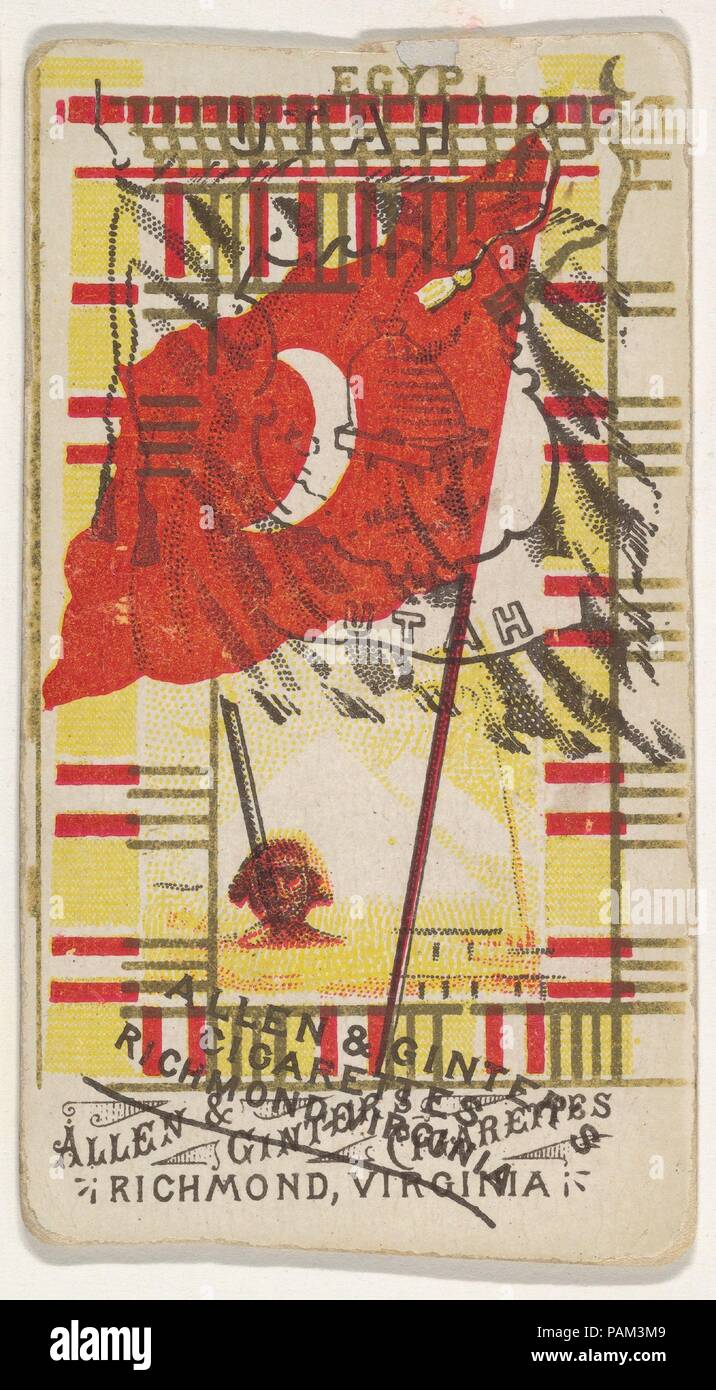 Egitto e Utah (doppia scheda stampata), dalle bandiere di tutte le nazioni, Serie 1 (N9) per Allen & Ginter marche di sigarette. Dimensioni: foglio: 2 3/4 x 1 1/2 in. (7 x 3,8 cm). Editore: Rilasciato da Allen & Ginter (American, Richmond, Virginia). Data: 1887. Scambio di carte dal set, "bandiere di tutte le nazioni,' la serie 1 (N9), rilasciato nel 1887 in una serie di 48 carte per promuovere Allen & Ginter marca di sigarette. La collezione del museo ha le 48 carte dalla serie 1 set, nonché 10 varianti e 5 mis-cards stampate. Museo: Metropolitan Museum of Art di New York, Stati Uniti d'America. Foto Stock