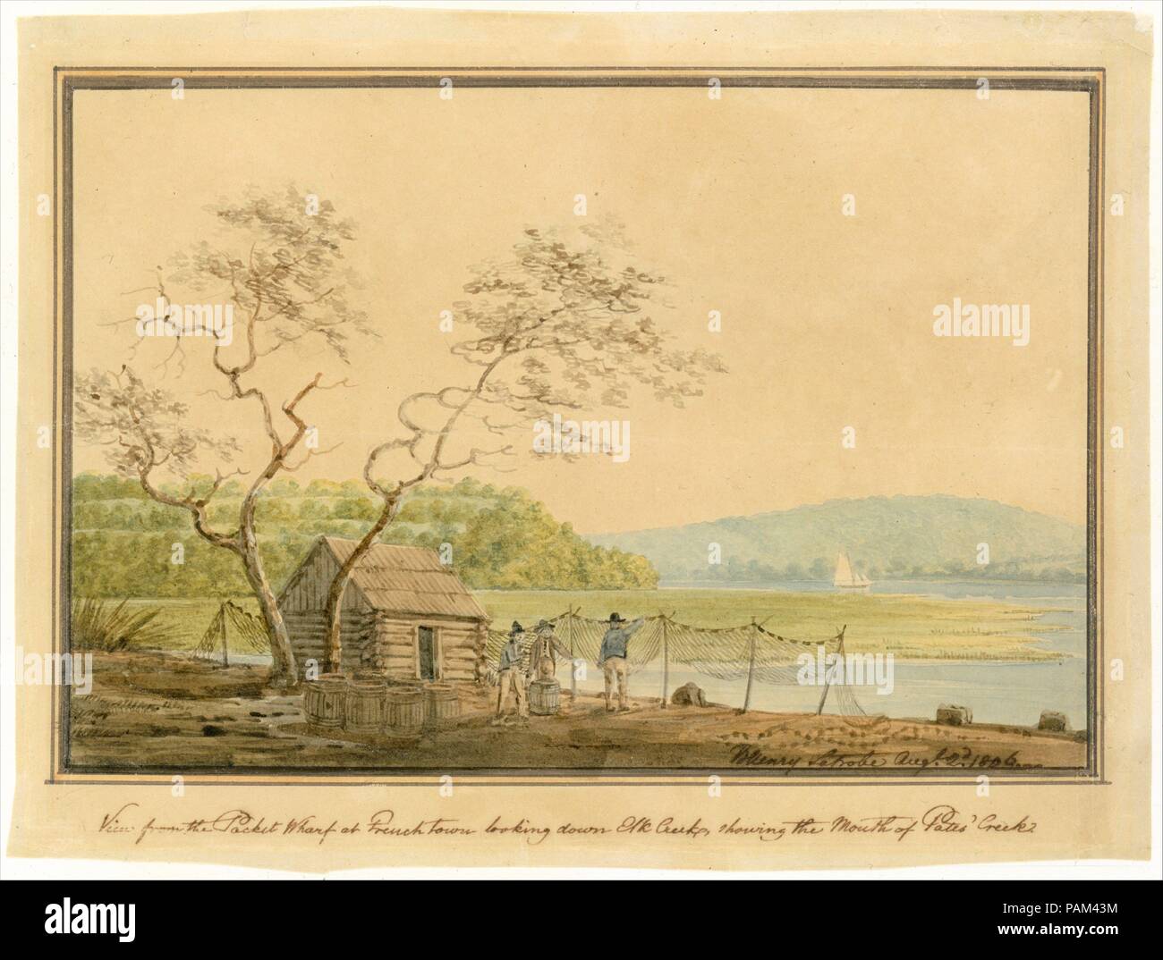 Vista dal pacchetto Wharf a Frenchtown guardando giù Elk Creek. Artista: Benjamin Henry Latrobe (American (nato in Inghilterra), Fulneck, Yorkshire 1764-1820 New Orleans, Louisiana). Dimensioni: 8 1/2 x 12 in. (21,6 x 30,5 cm). Data: 1806. Per la maggior parte della sua brillante carriera di architetto, Latrobe, il progettista del Stati Uniti originali Campidoglio di Washington D.C., mantenuto un illustrato ufficiale dei suoi viaggi in tutto il paese. La rivista, insieme con la maggior parte dei suoi disegni ad acquerello, è ora nel Maryland Historical Society. Questo disegno illustra la confluenza di Elk e pâté di insenature in Foto Stock