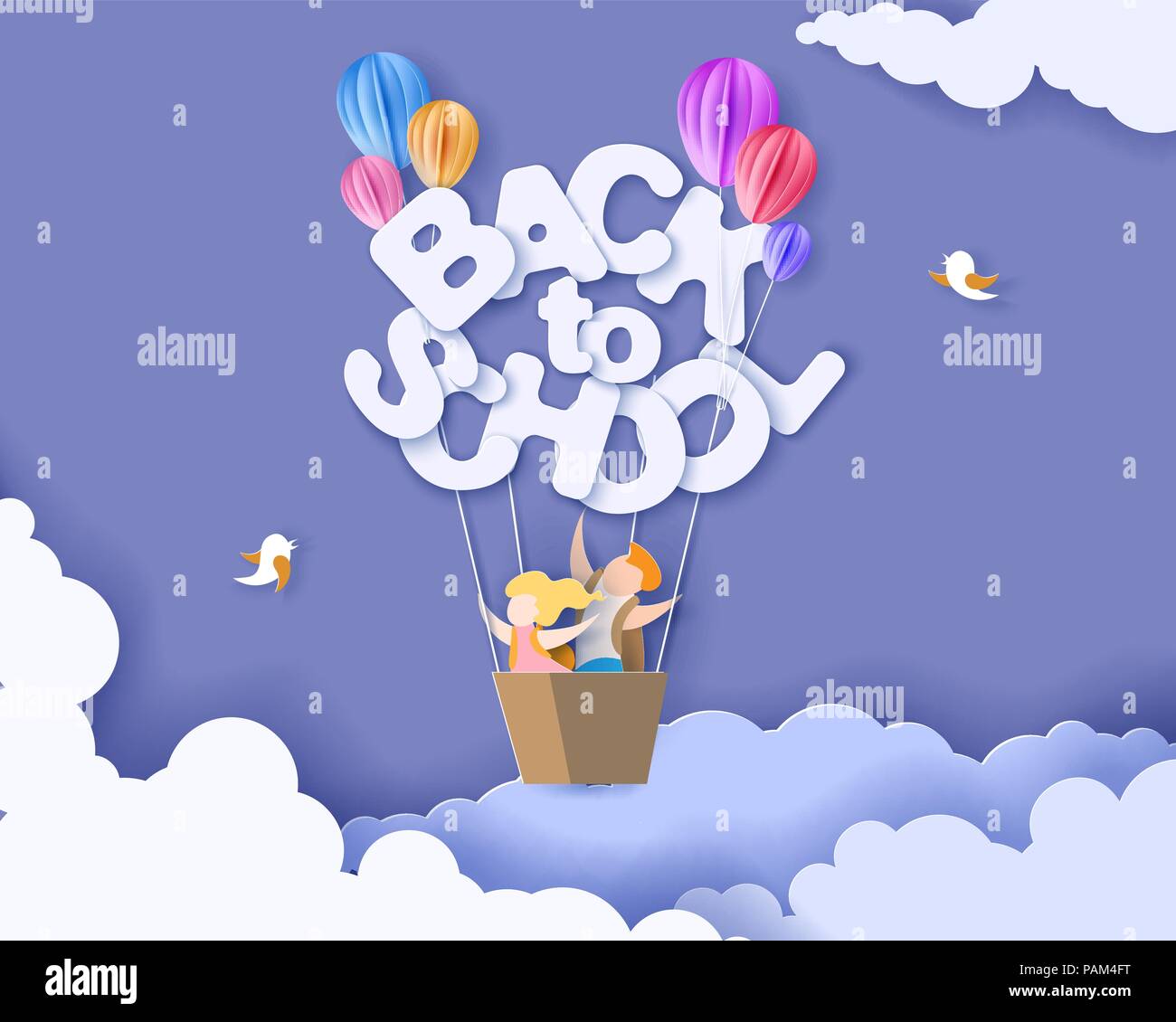 Si torna a scuola 1 settembre scheda con i bambini, foglie e sun a forma di palloncino di aria sul cielo blu sullo sfondo. Illustrazione Vettoriale. Carta tagliata e stile di artigianato. Illustrazione Vettoriale
