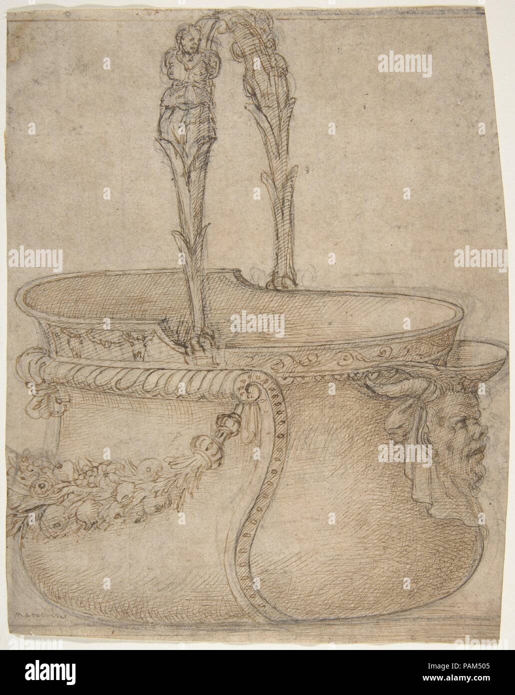Design per una nave Bucket-Like con un manico di due prigionieri interlacciato, su un corpo adornata con una rotellina di scorrimento, Garland, e un tubo di lancio con un satiro alla testa. Artista: Girolamo Genga (italiano, Urbino (?) 1467-1551 vicino a Urbino). Dimensioni: foglio: 7 3/8 x 5 15/16 in. (18,8 x 15,1 cm). Data: 1540-50. Museo: Metropolitan Museum of Art di New York, Stati Uniti d'America. Foto Stock