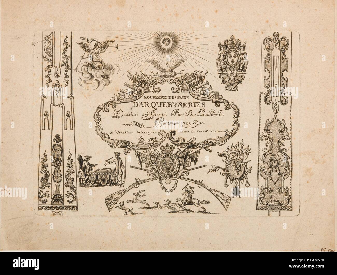 Desseins Nouveavx D'Arquebvseries. Cultura: francese, Parigi. Dimensioni: piastra 1 (2016.403.1): foglio: 11 1/2 x 9 in. (29,2 x 22,9 cm); piastra: 9 3/8 x 6 5/8 in. (23,8 x 16,8 cm); la piastra 2 (2016.403.2): foglio: 11 7/8 x 9 in. (30,2 x 22,9 cm); piastra: 9 3/8 x 6 5/8 (23,8 x 16,8 cm); la piastra 3 (2013.906): 10 1/2 x 7 1/2 in. (26,7 x 19,1 cm); la piastra 4 (2016.403.3): foglio: 11 3/4 x 9 1/8 in. (29,8 x 23,2 cm); piastra: 9 1/4 x 6 5/8 in. (23,5 x 16,8 cm); la piastra 5 (2016.409): foglio: 11 1/2 x 9 in. (29,2 x 22,9 cm); piastra: 9 3/8 x 6 5/8 in. (23,8 x 16,8 cm); la piastra 6 (2016.311): foglio: 11 7/8 x 9 in. (30.16 x 22. Foto Stock