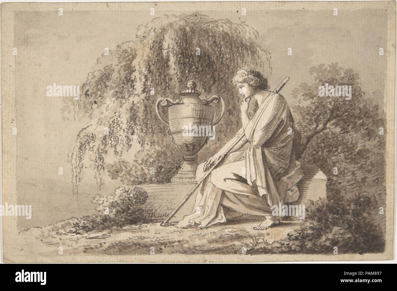 Figura femminile seduta accanto a un'urna. Artista: cerchio di Angelica Kauffmann (Swiss, Chur Roma 1741-1807). Dimensioni: 4 7/8 x 7 5/16 in. (12,4 x 18,6 cm). Data: 1800. Museo: Metropolitan Museum of Art di New York, Stati Uniti d'America. Foto Stock