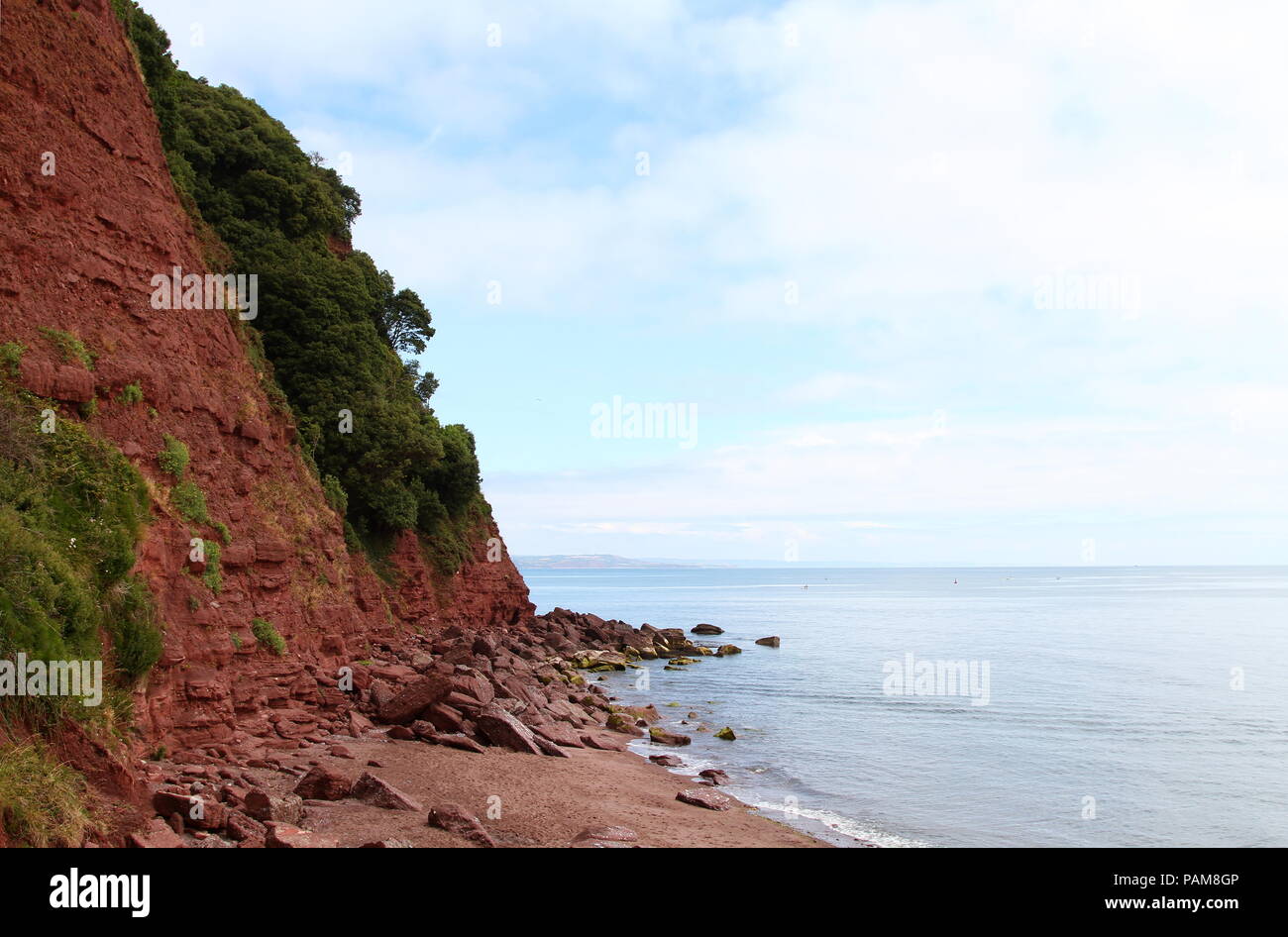 Ness Cove, Devon, Inghilterra: rosso scogliere di arenaria e la spiaggia Foto Stock