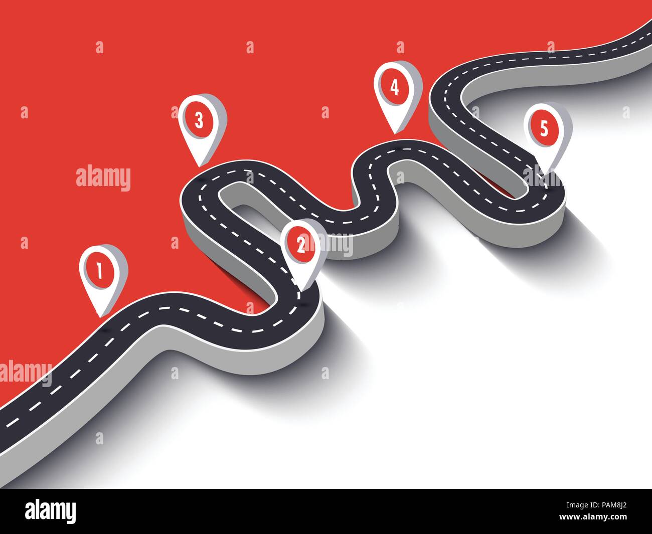 Viaggio su strada e il cammino percorso. Business e viaggio infografico modello di progettazione con il pin del puntatore. Strada di avvolgimento su un sfondo colorato. EPS vettoriali 10 Illustrazione Vettoriale