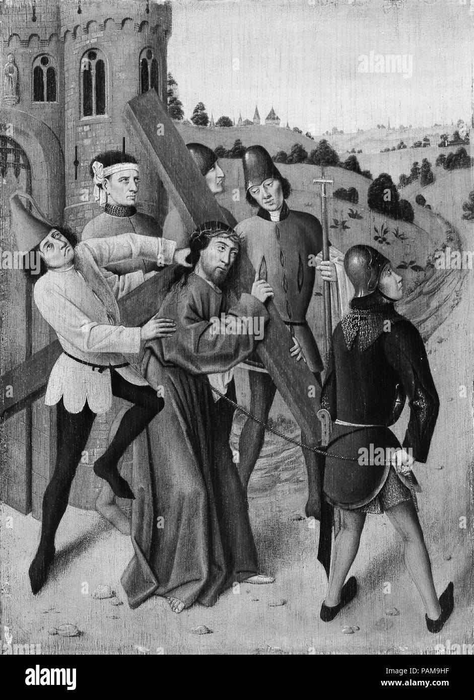 Cristo portacroce. Artista: Nord del pittore francese (ca. 1480). Dimensioni: 14 3/4 x 10 5/8 in. (37,5 x 27 cm). Questo dipinto è uno di un numero che in precedenza sono stati attribuiti a Valenciennes artista Simon Marmion (attivo dal 1449, è morto 1489). Sebbene numerosi manuscipt luminarie da Marmion sono di tipo noto e non vi sono documentati dipinti. <i>Saint Bertin pala</i> (Gemäldegalerie, Berlino) è stato assegnato a Marmion su poco più di prove indiziarie. Tra i più belli dei dipinti raggruppati intorno ad esso sono un <i>Crocifissione</i> in John G. Johnson raccolta, Phi Foto Stock