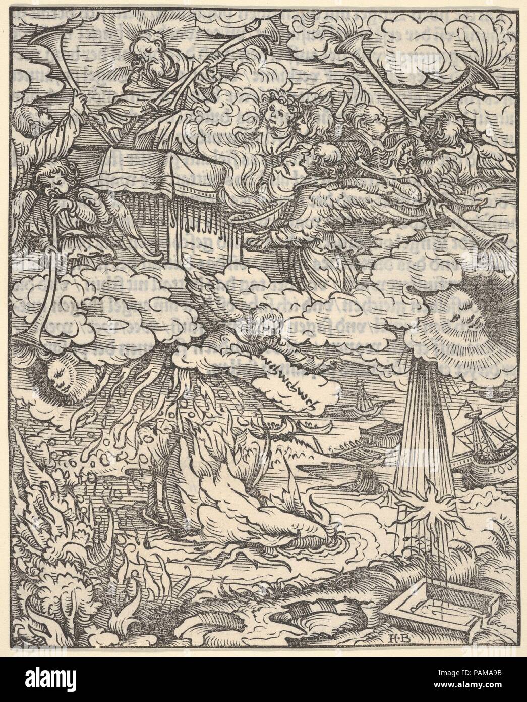 I primi quattro tromboni, dall'Apocalisse. Artista: Hans Burgkmair (tedesco, Augsburg 1473-1531 Augusta). Dimensioni: foglio: 6 3/8 x 5 1/8 in. (16,2 × 13 cm). Pubblicato in: Augsburg. Editore: Silvan Otmar (tedesco, attivo di Augsburg, 1513-40). Serie/Portfolio: l'Apocalisse. Data: 1523-24. La piastra 7 da una serie di 21 xilografie con scene dell'Apocalisse per Martin Lutero di traduzione del Nuovo Testamento. In quattro edizioni sono state pubblicate in Augsburg da Silvan Otmar tra marzo 1523 e aprile 1524. Museo: Metropolitan Museum of Art di New York, Stati Uniti d'America. Foto Stock