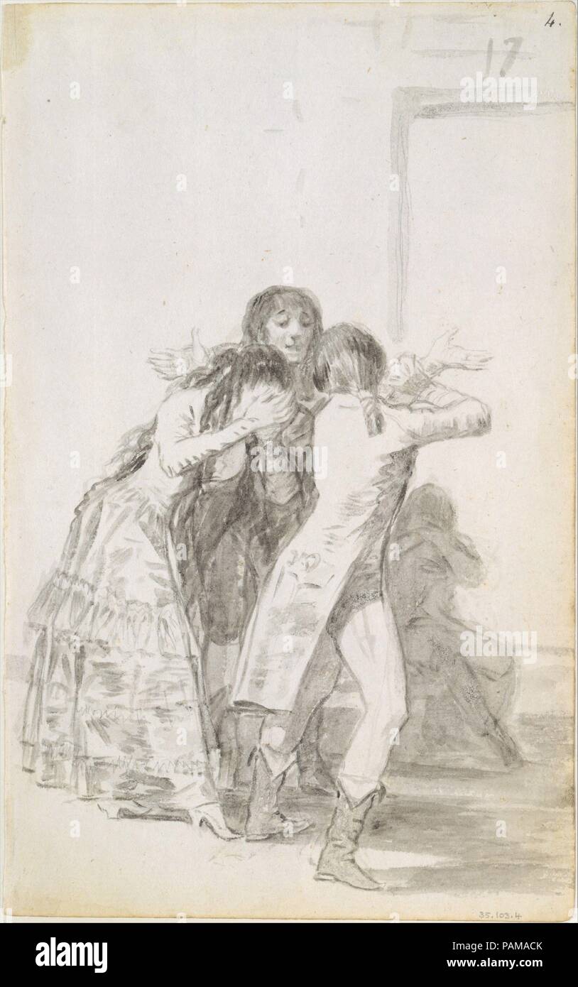 Una donna che piange la sua testa nelle sue mani, circondato da uomini; folio 17 (recto) da Madrid Album 'B'. Artista: Goya (Francisco de Goya y Lucientes) (Spagnolo, 1746-1828 Fuendetodos Bordeaux). Dimensioni: foglio: 9 1/4 x 5 3/4 in. (23.5 x 14.61cm). Data: 1796-97. Museo: Metropolitan Museum of Art di New York, Stati Uniti d'America. Foto Stock