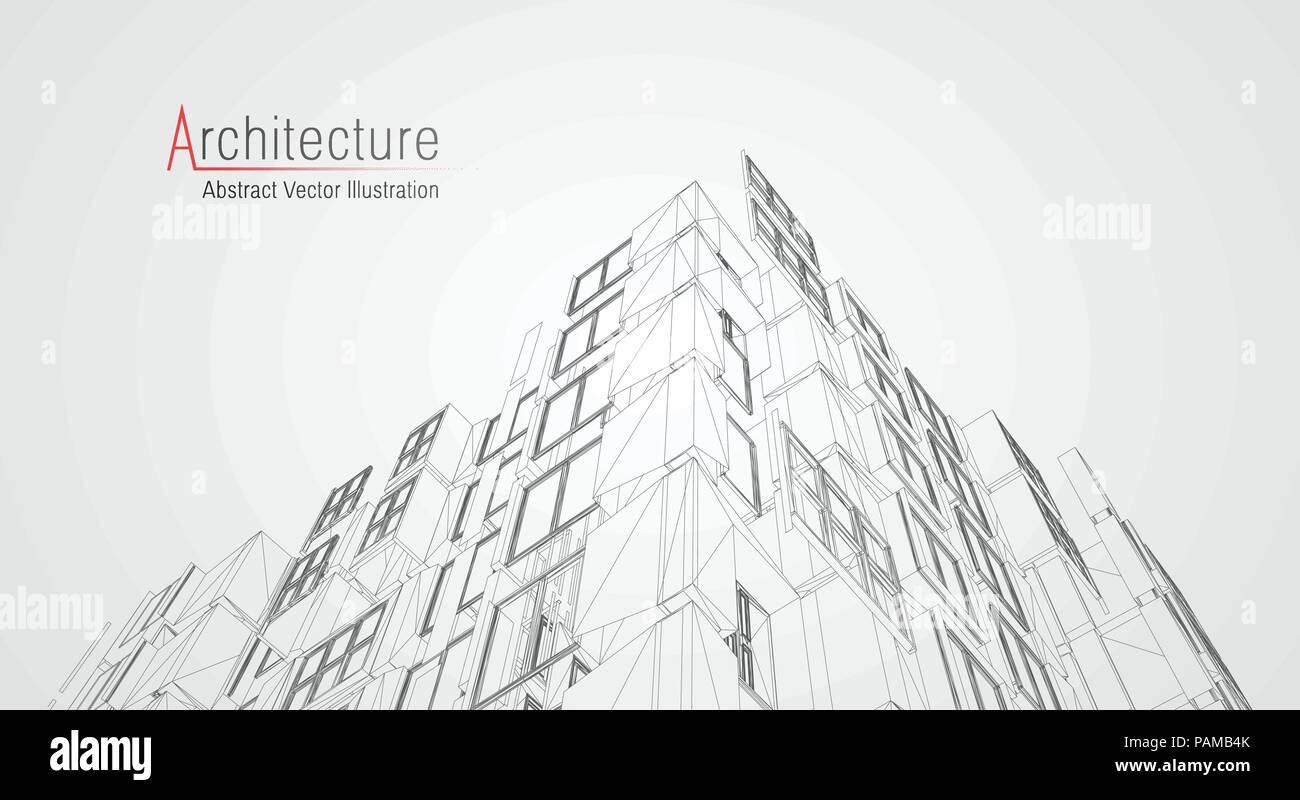 Architettura moderna wireframe. Concetto di urban wireframe. Wireframe illustrazione edificio di architettura disegno CAD. Illustrazione Vettoriale