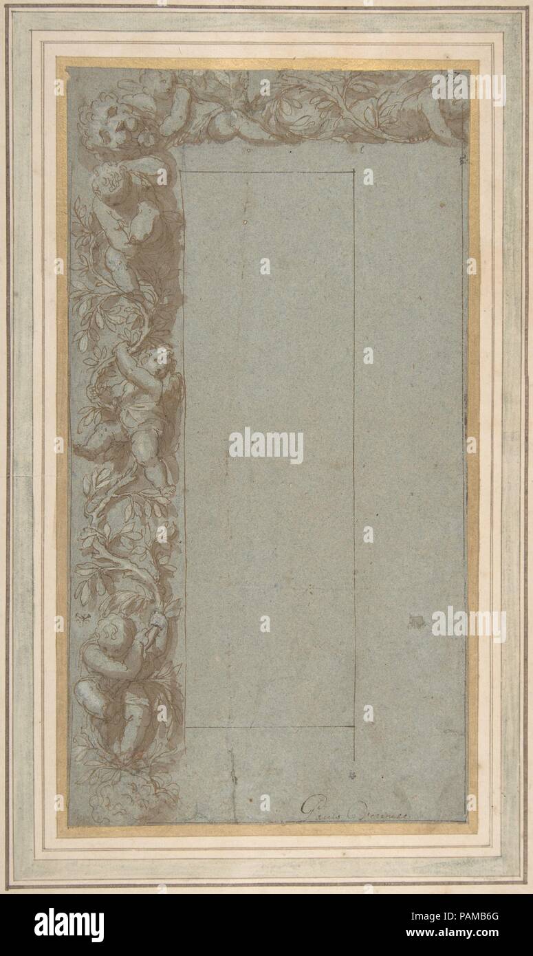 Progettazione per la cornice ornamentale con fogliame, Putti e la testa di un leone. Artista: Alessandro Allori (Italiano, 1535-1607 Firenze Firenze). Dimensioni: foglio: 12 1/8 x 6 7/16 in. (30,8 x 16,3 cm). Data: 1535-1607. Museo: Metropolitan Museum of Art di New York, Stati Uniti d'America. Foto Stock