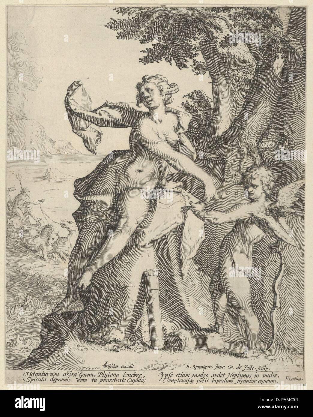 Venere comandando Cupido a sparare la sua freccia a Plutone. Artista: Dopo Bartholomeus Spranger (Netherlandish, Anversa 1546-1611 Praga); Pieter de Jode I (Netherlandish, Anversa 1570-Anversa 1634). Dimensioni: foglio: 9 15/16 × 7 15/16 in. (25,3 × 20,1 cm). Editore: Claes Jansz. Visscher (Olandese, 1586-1652 Amsterdam Amsterdam). Data: ca. 1590-92. Museo: Metropolitan Museum of Art di New York, Stati Uniti d'America. Foto Stock