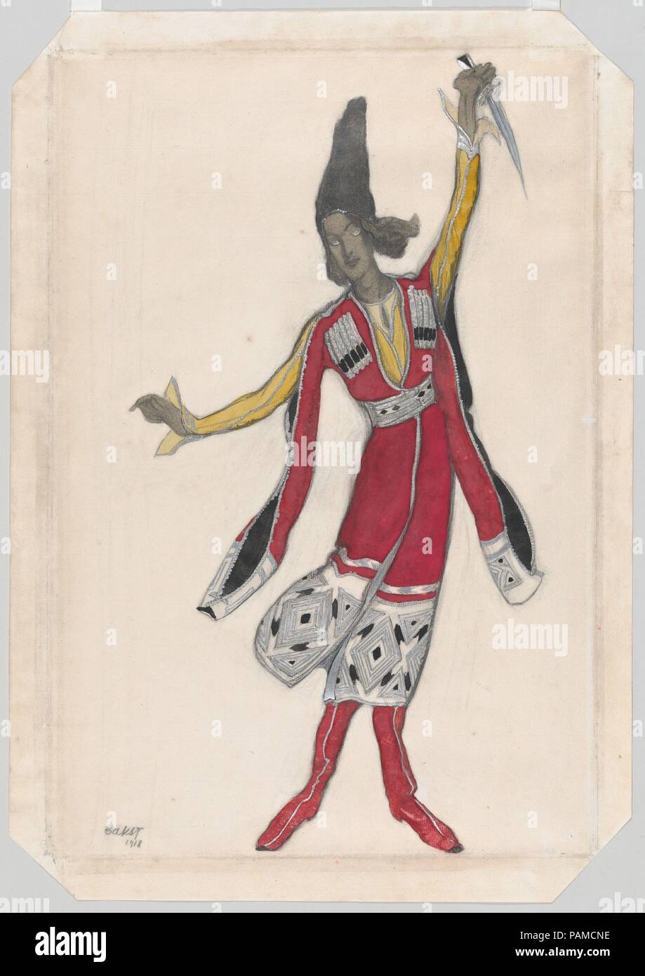 Disegno di costumi per il balletto "Thamar', ha debuttato al Théâtre du Châtelet di Parigi, 1912. Artista: Léon Bakst (Russo, Grodno 1866-1924 Paris). Dimensioni: foglio: 19 × 12 1/4 in. (48,3 × 31,1 cm). Data: 1918. Il disegno con un costume design per Fokine balletto della Thamar,' da Léon Bakst. Questo balletto è stato eseguito in prima assoluta al Théâtre du Châtelet di Parigi nel 1912. Cercando di restage il successo esotiche di 'Schéhérazade', Serge Siaghilev ha scelto di presentare questo balletto in terza stagione del Ballets Russes, sebbene senza successo. Nonostante trovare il balletto piuttosto insipido, il pubblico è stato soddisfatto con B Foto Stock