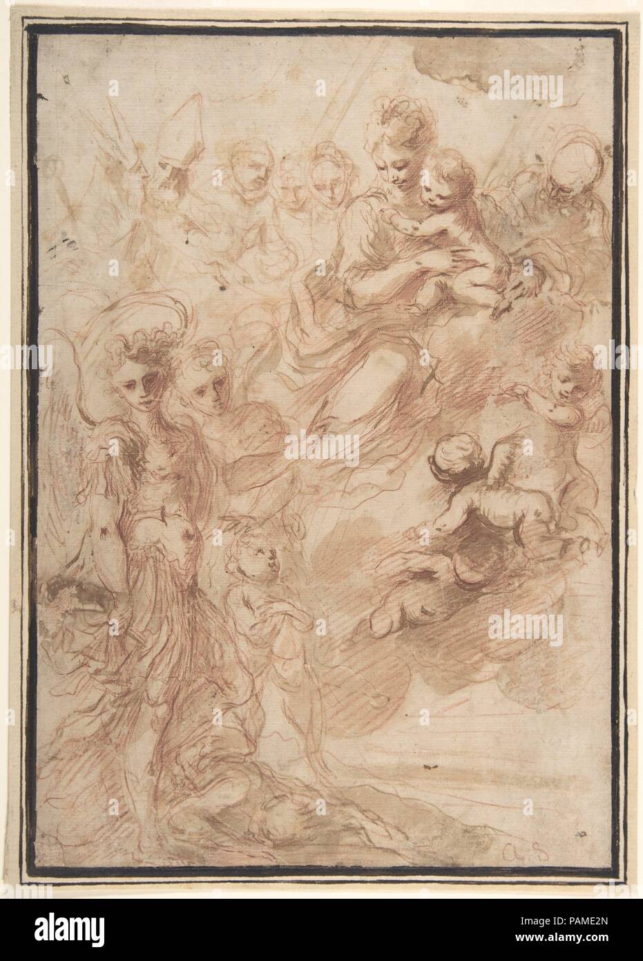 San Michele Arcangelo e un altra figura di raccomandare un anima per la Vergine e il bambino in cielo. Artista: Bartolomeo Biscaino (Italiano, 1629-1657 Genova Genova). Dimensioni: 11 1/2 x 7 15-16. (29,2 x 20.2cm). Data: 1629-57. Museo: Metropolitan Museum of Art di New York, Stati Uniti d'America. Foto Stock