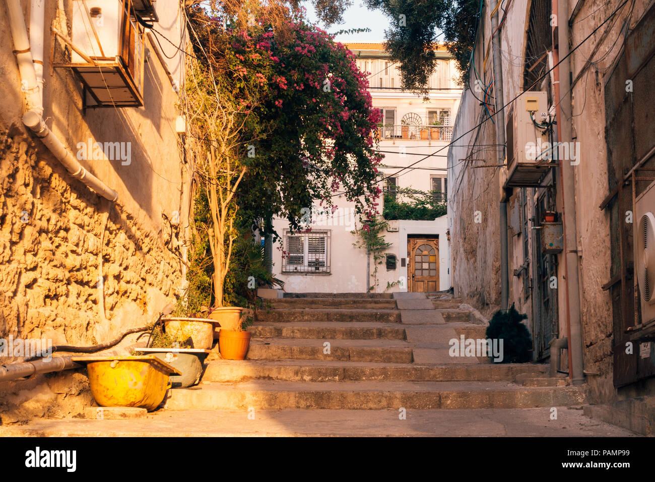 Un vialetto in pietra con scale al tramonto nella Vecchia Jaffa, Tel Aviv-Yafo, Israele Foto Stock