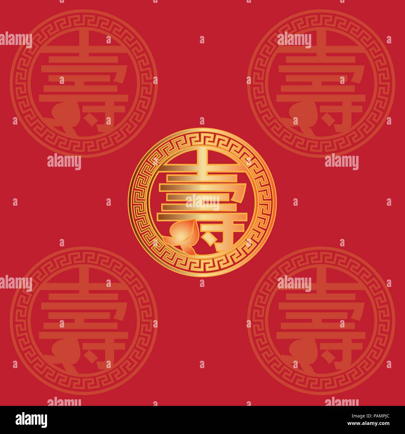 Longevità Chinese Gold simbolo di testo con frutta pesche sfondo rosso greeting card illustrazione Illustrazione Vettoriale