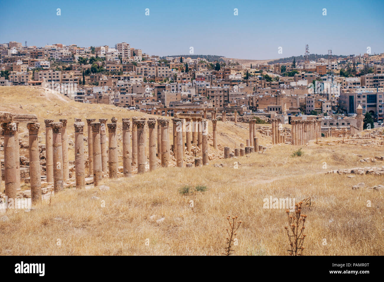 Vecchio antiche colonne greco-romana la linea strade lastricate in una calda giornata d'estate in Jerash, Giordania Foto Stock