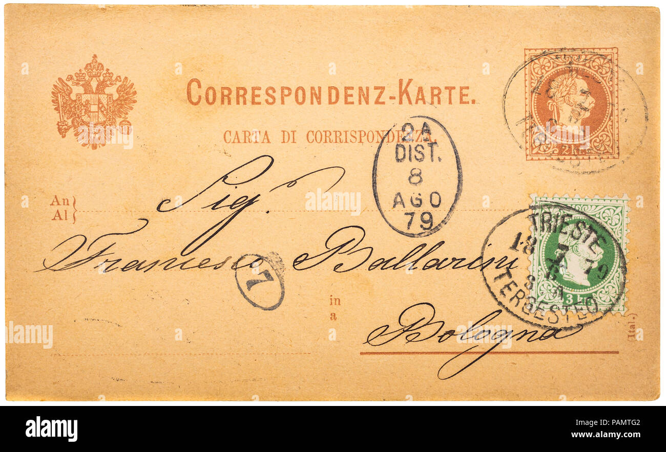 1879 cartolina austriaca con timbro postale di Trieste per Bologna, Italia. Foto Stock