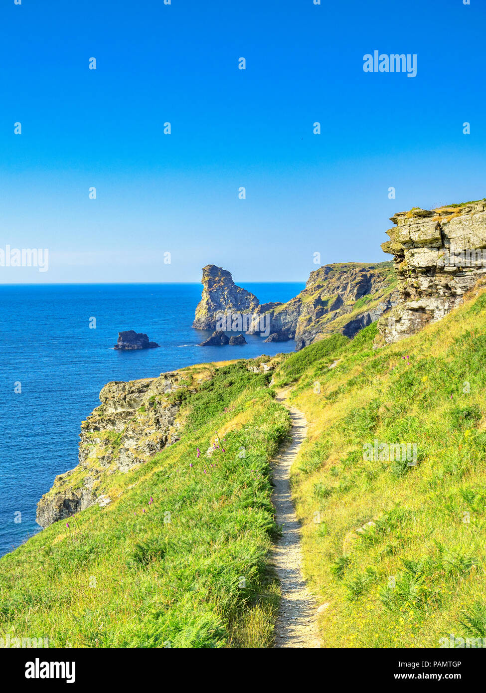 Lungo la costa sud occidentale percorso in un bellissimo tratto di Cornish Coast, tra Tintagel e Bossiney, con scogliere e rocce offshore, su una bella s Foto Stock