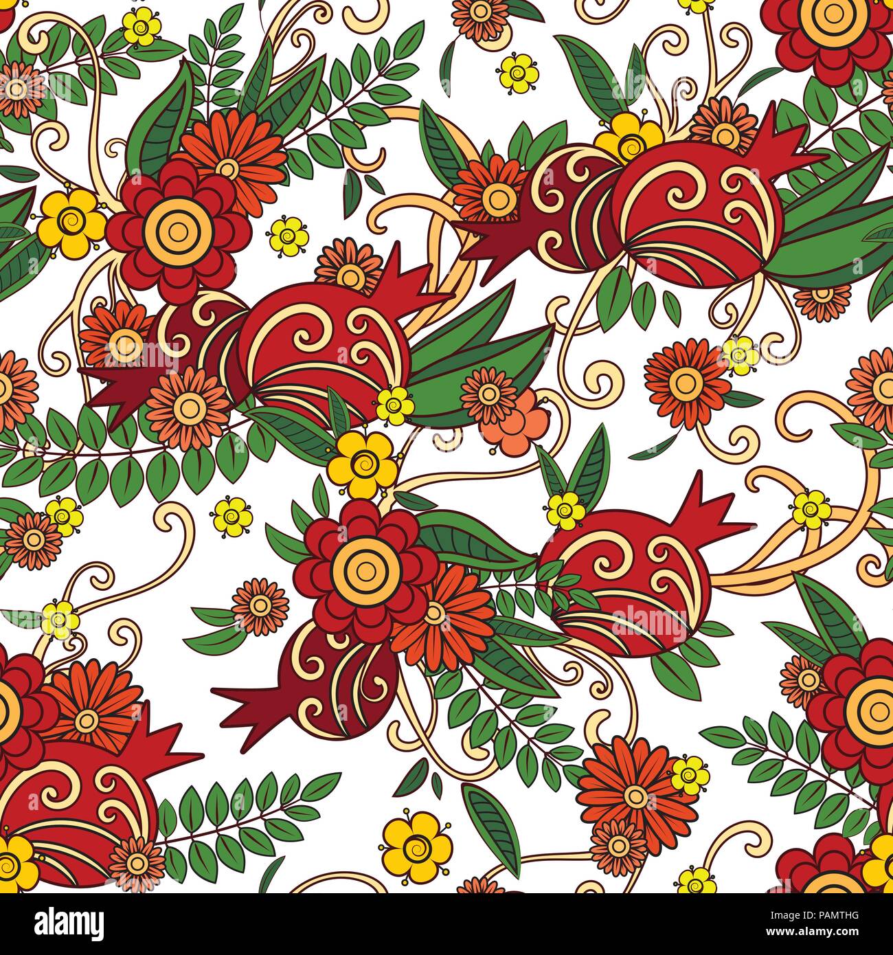 Melograno seamless pattern. Vettore floreali ripetere il motivo decorativo con frutti di melograno, fiori e foglie. Isolato su sfondo bianco. Vecto Illustrazione Vettoriale Melograno seamless pattern. Vettore floreali ripetere il motivo decorativo con frutti di melograno, fiori e foglie. Isolato su sfondo bianco. Vecto Illustrazione Vettoriale