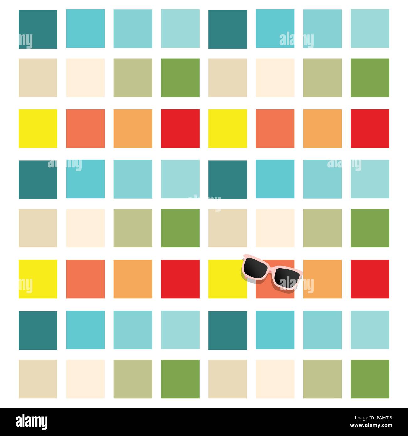 Gli occhiali da sole sul colore colorato quadrato in background per vivid concetto di estate Illustrazione Vettoriale