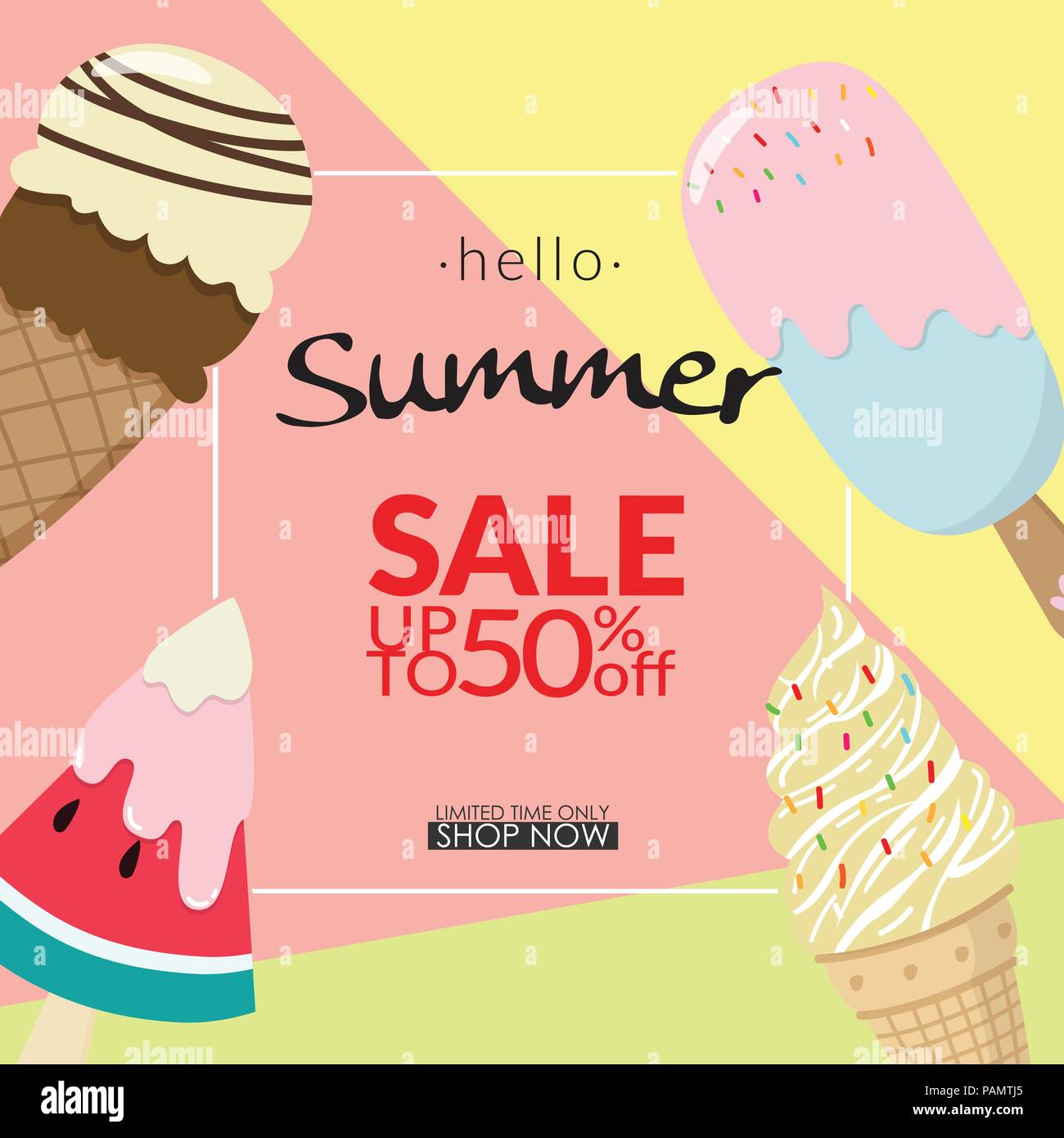 Set di gelato raccolta con testo ciao estate sui colori pastello sfondo. illustrazione vettoriale Illustrazione Vettoriale