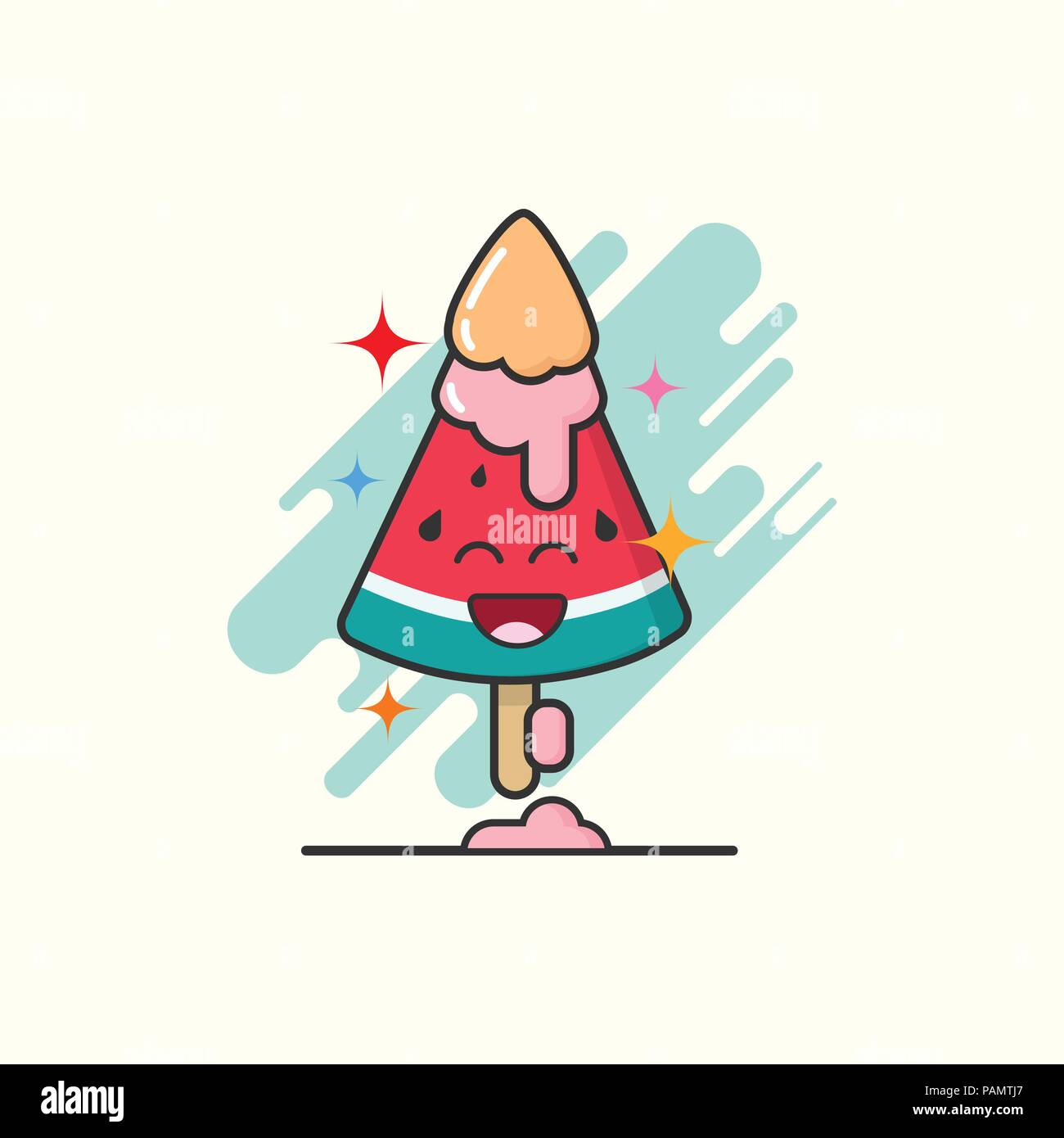 Cartoon carino di gelato bar in forma di anguria su sfondo bianco con emozione la faccia felice. gelato illustrazione della linea sfondo pastello creative Illustrazione Vettoriale